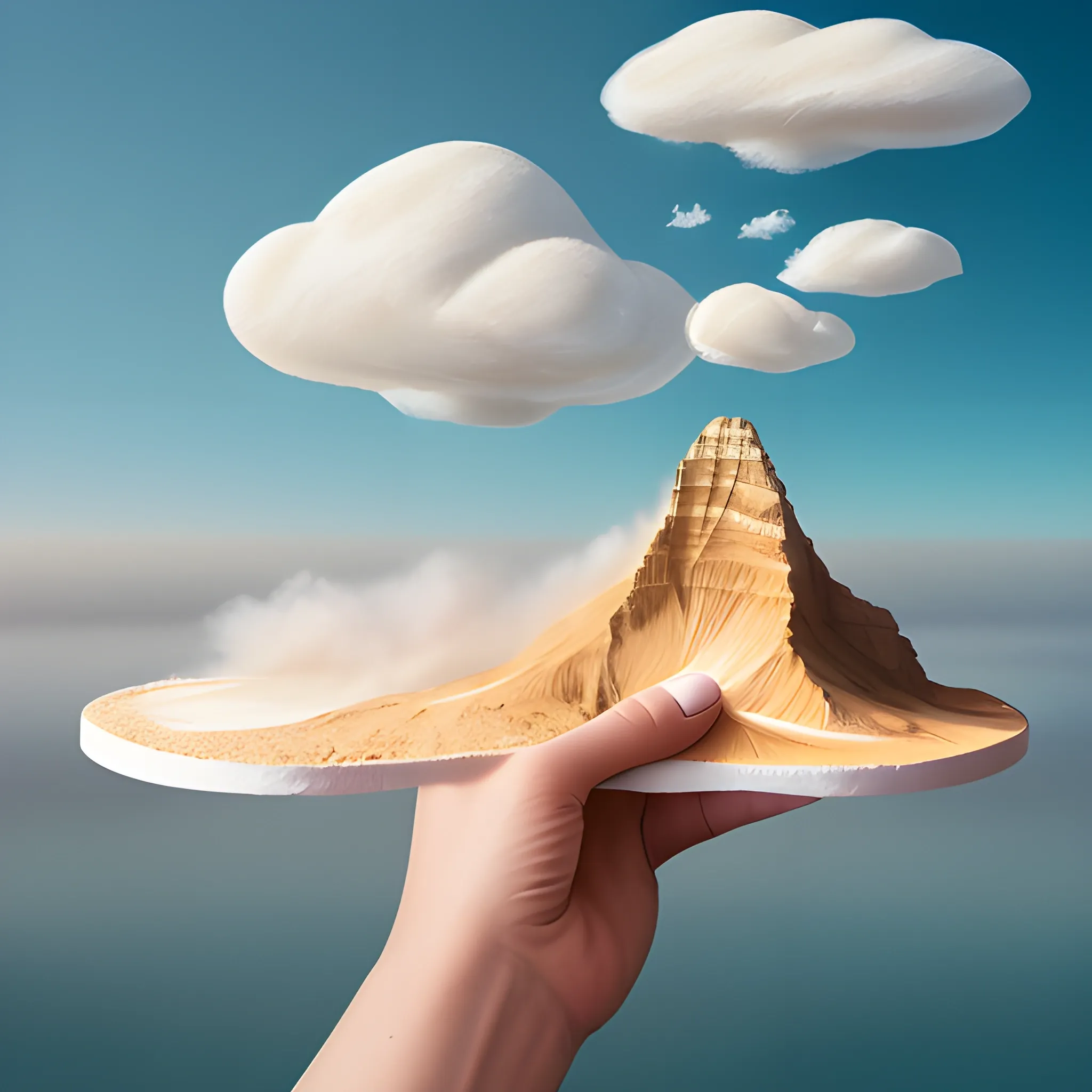 Create a realistic 3D image. Two hands holding a brush and a large white cloud. A brush draws the name “Ali” on the cloud clearly and large, spelled correctly, 3D, beige color. The background of the image is ocean cliffs and sand.


#ai