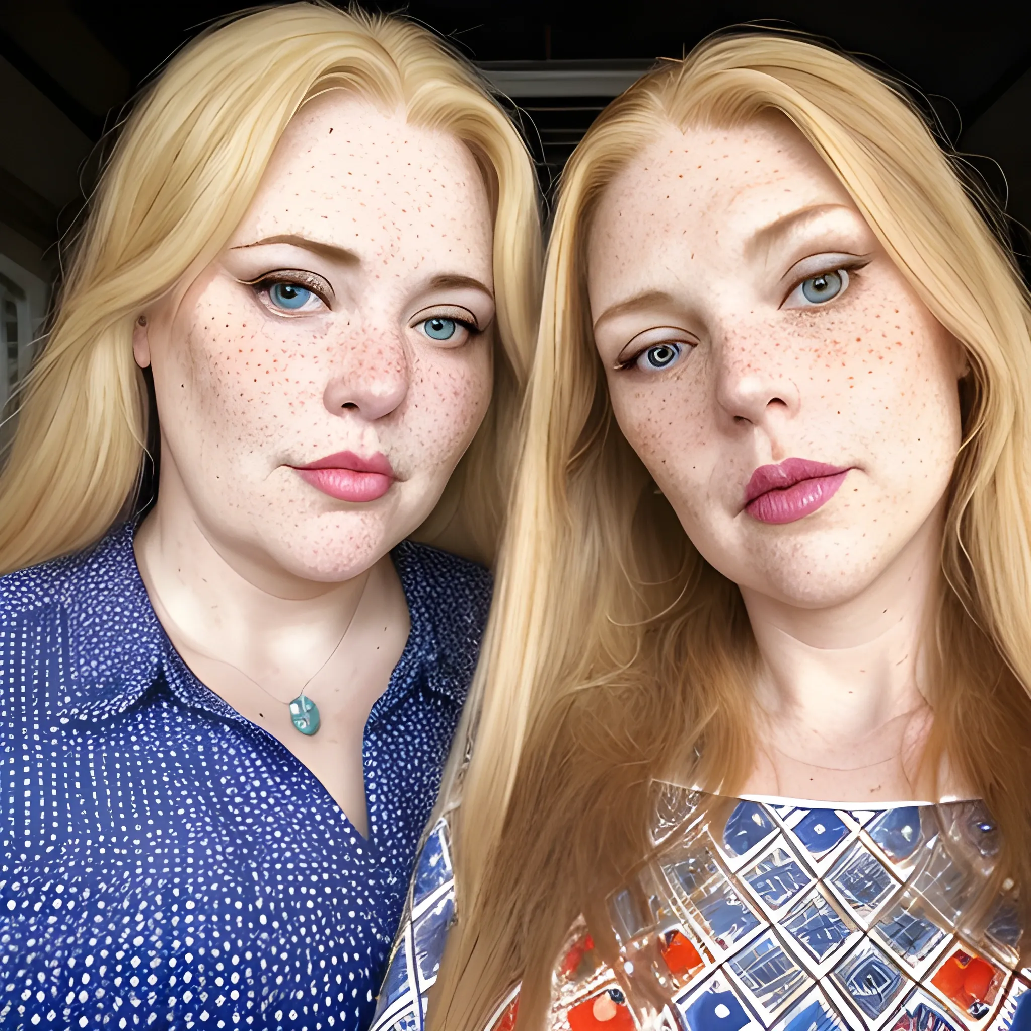 Two tall beautiful plus sized, ample, middle-aged  American Women, long straight blonde hair, full lips, full face, freckles, fitted red and blue patterned long-sleeved shirts, looking down at the camera, up close pov, detailed 