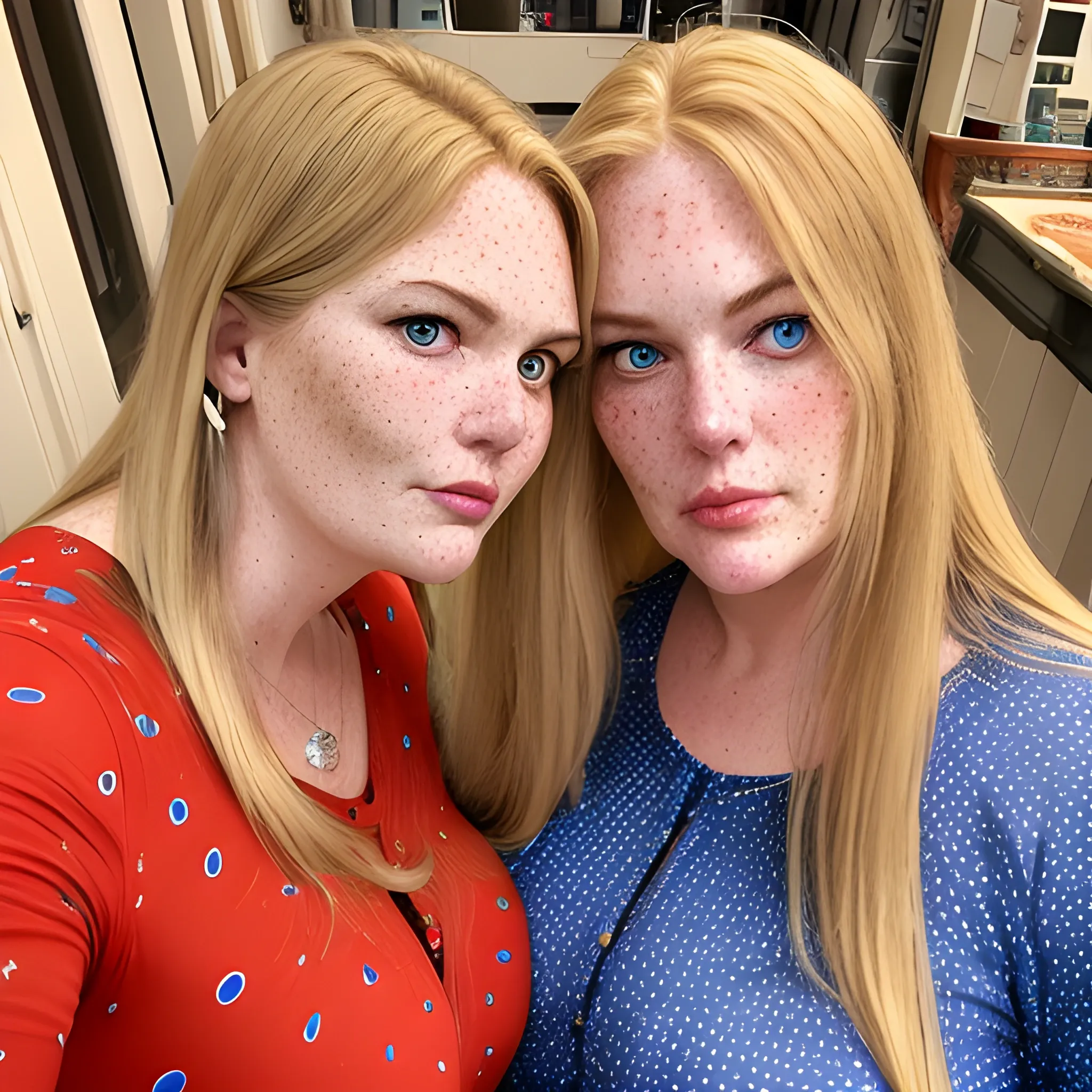 Two tall beautiful plus sized, ample, middle-aged  American Women, long straight blonde hair, full lips, full face, freckles, fitted red and blue patterned long-sleeved shirts, looking down at the camera, up close pov, detailed 