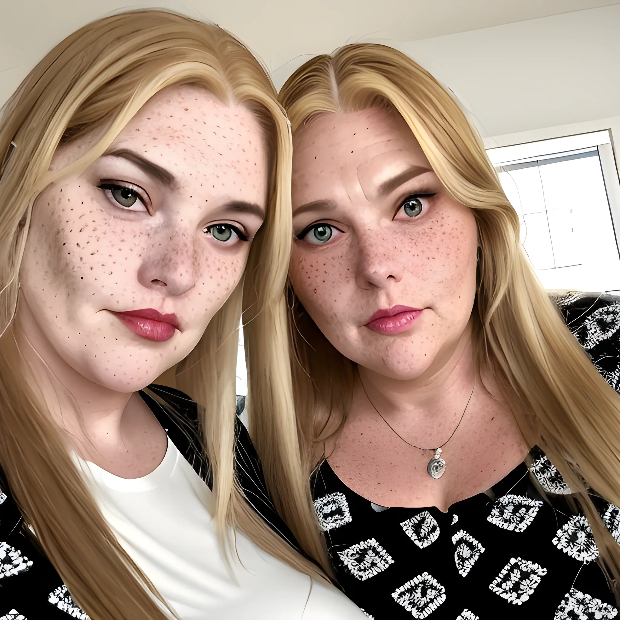 Two tall beautiful plus sized, ample, middle-aged  American Women, long straight blonde hair, full lips, full face, freckles, fitted white and black patterned long-sleeved shirts, looking down at the camera, up close pov, detailed 