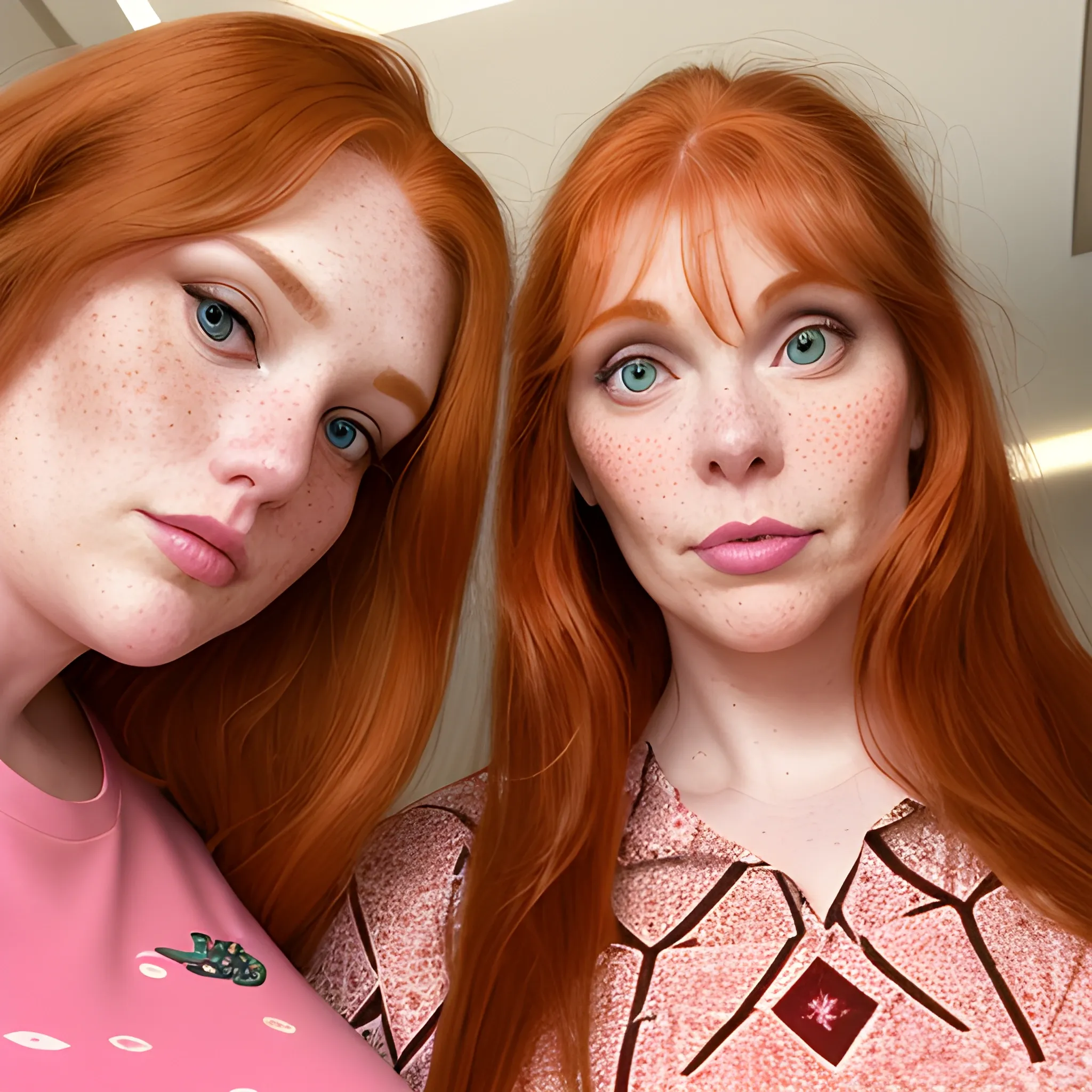 Two tall beautiful plus sized, ample, middle-aged  American Women, long straight ginger hair, full lips, full face, freckles, fitted pink and red patterned long-sleeved shirts, looking down at the camera, up close pov, detailed 