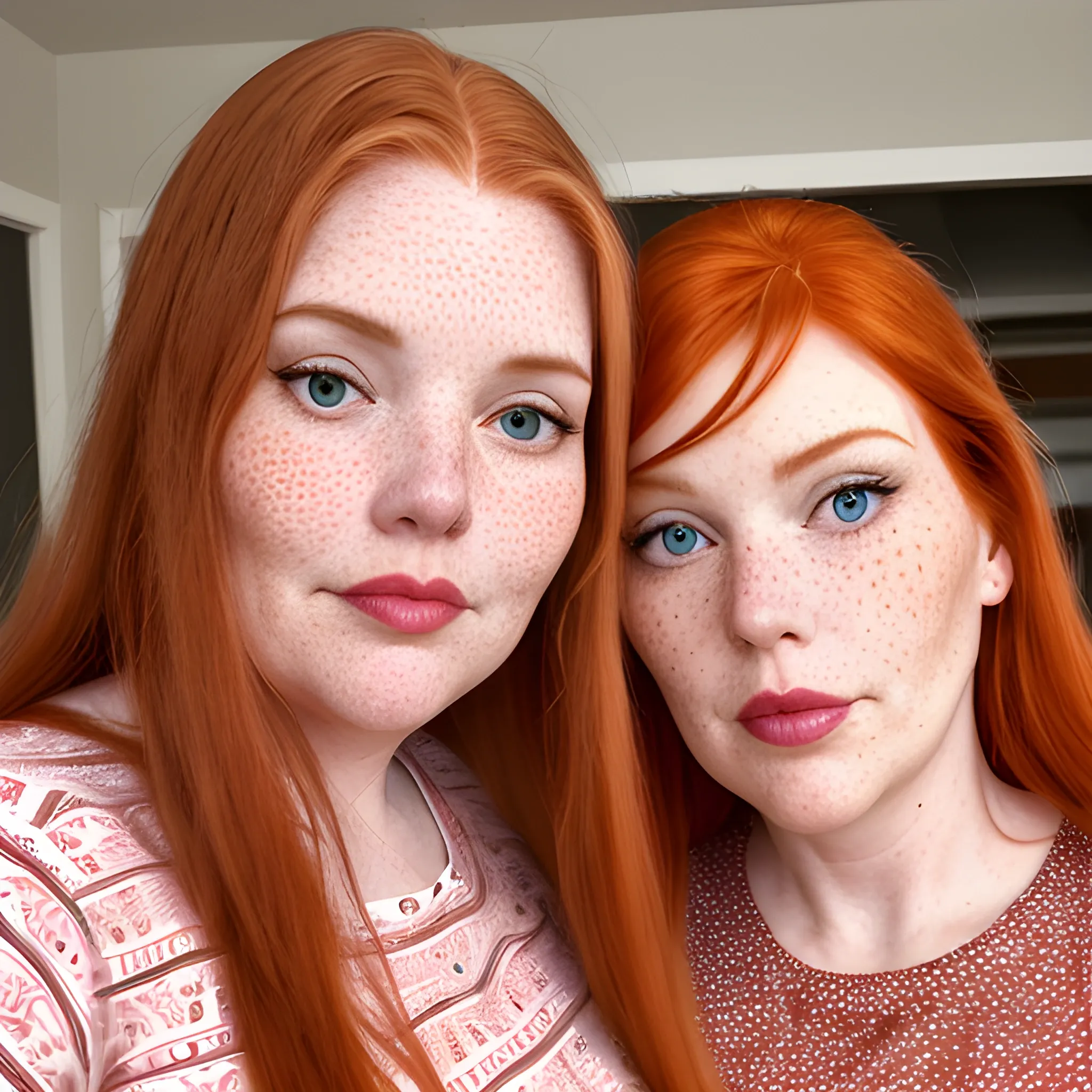 Two tall beautiful plus sized, ample, middle-aged  American Women, long straight ginger hair, full lips, full face, freckles, fitted pink and red patterned long-sleeved shirts, looking down at the camera, up close pov, detailed, warm lighting 