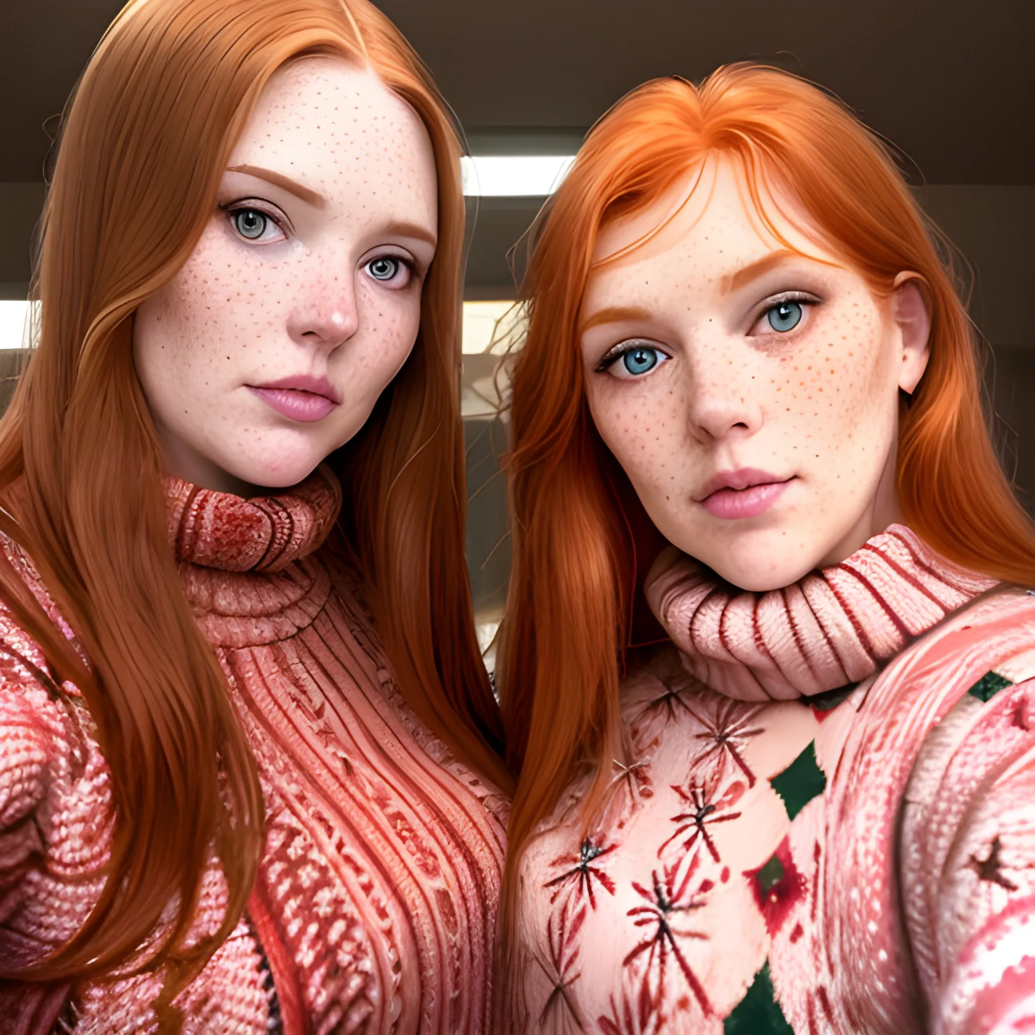 Two tall beautiful plus sized, ample, middle-aged  American Women, long straight ginger hair, full lips, full face, freckles, fitted pink and red patterned sweaters, looking down at the camera, up close pov, detailed, warm lighting 