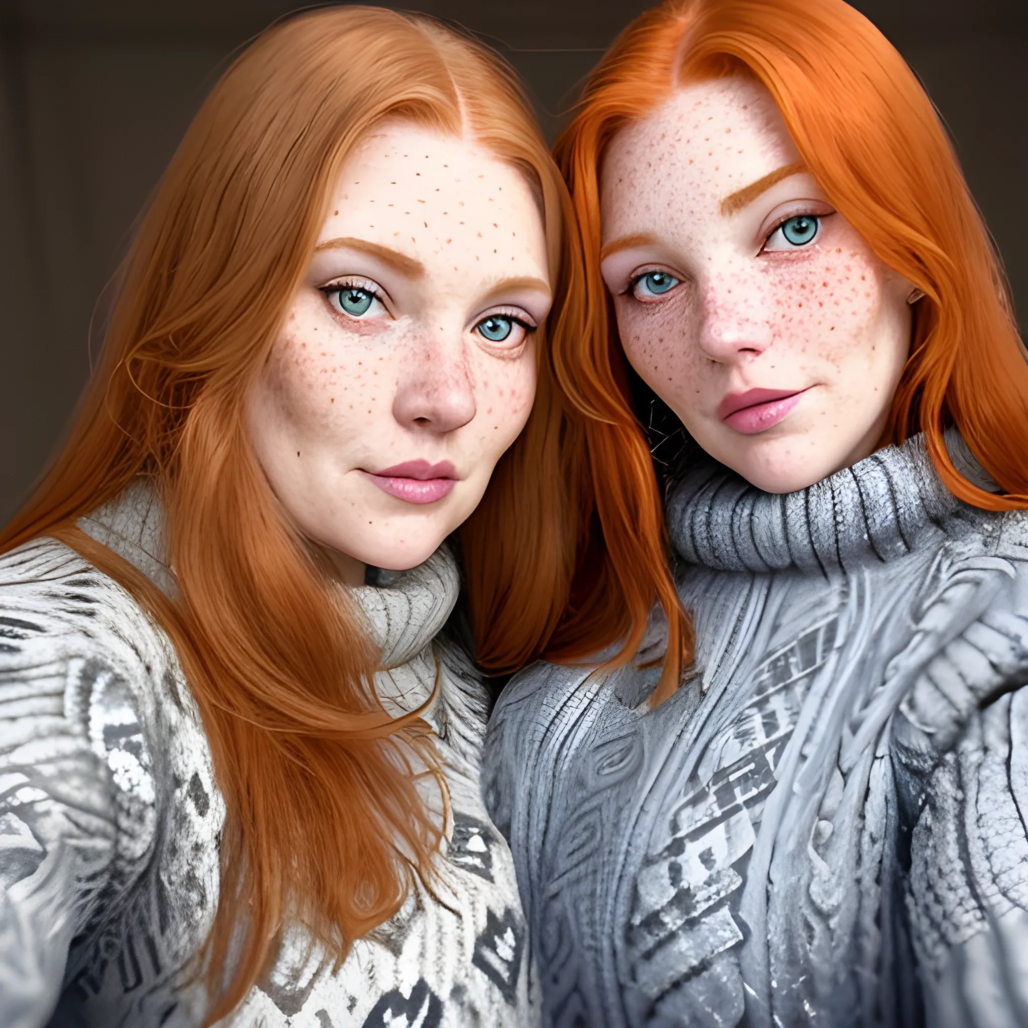 Two tall beautiful plus sized, ample, middle-aged  American Women, long straight ginger hair, full lips, full face, freckles, fitted blue and grey patterned sweaters, looking down at the camera, up close pov, detailed, warm lighting 