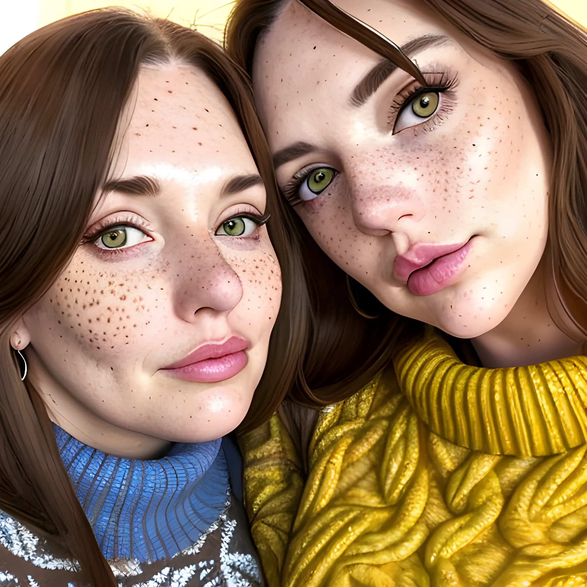 Two tall beautiful plus sized, ample, middle-aged  American Women, long straight brown hair, full lips, full face, freckles, fitted blue and yellow patterned sweaters, looking down at the camera, up close pov, detailed, warm lighting 