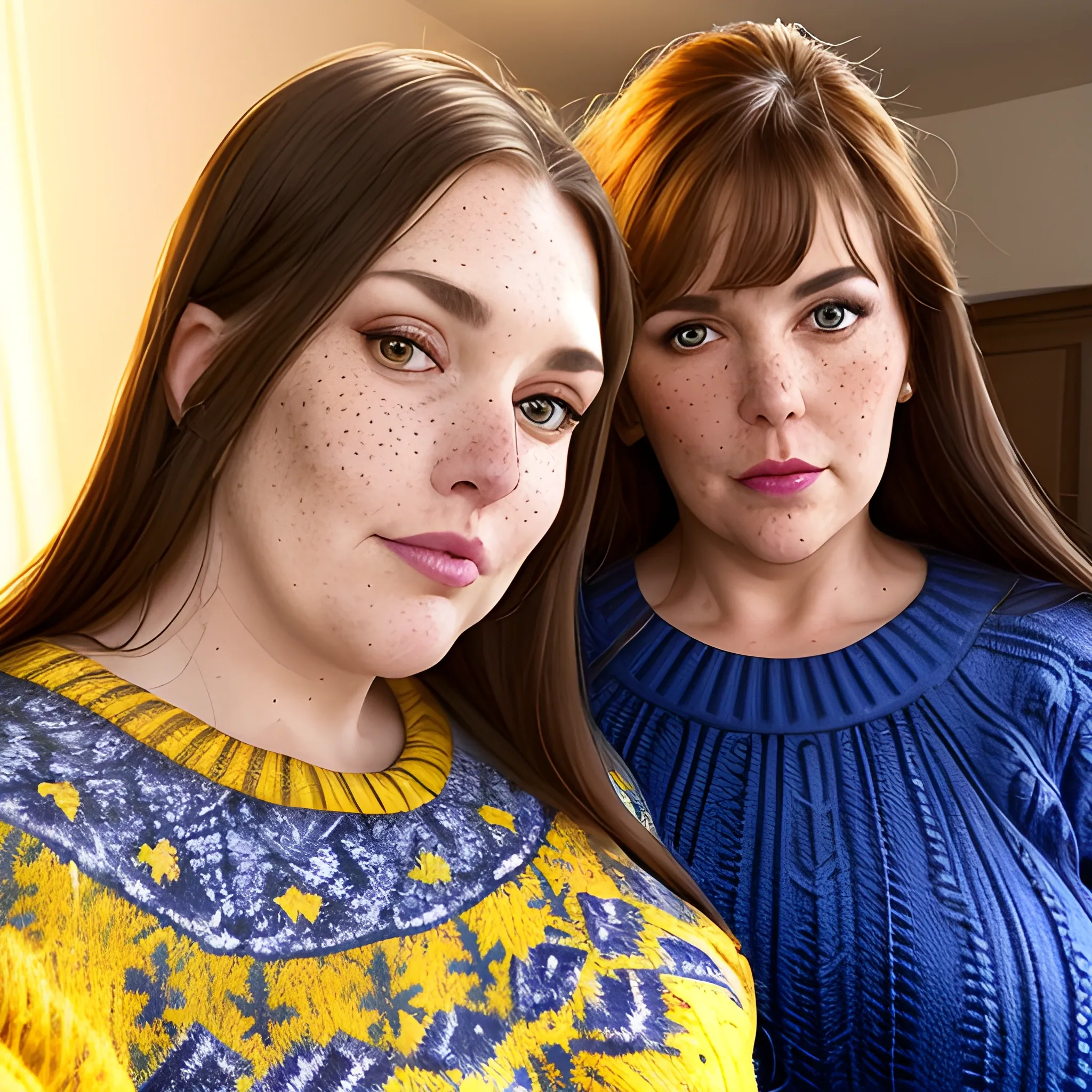 Two tall beautiful plus sized, ample, middle-aged  American Women, long straight brown hair, full lips, full face, freckles, fitted blue and yellow patterned sweaters, looking down at the camera, up close pov, detailed, warm lighting 