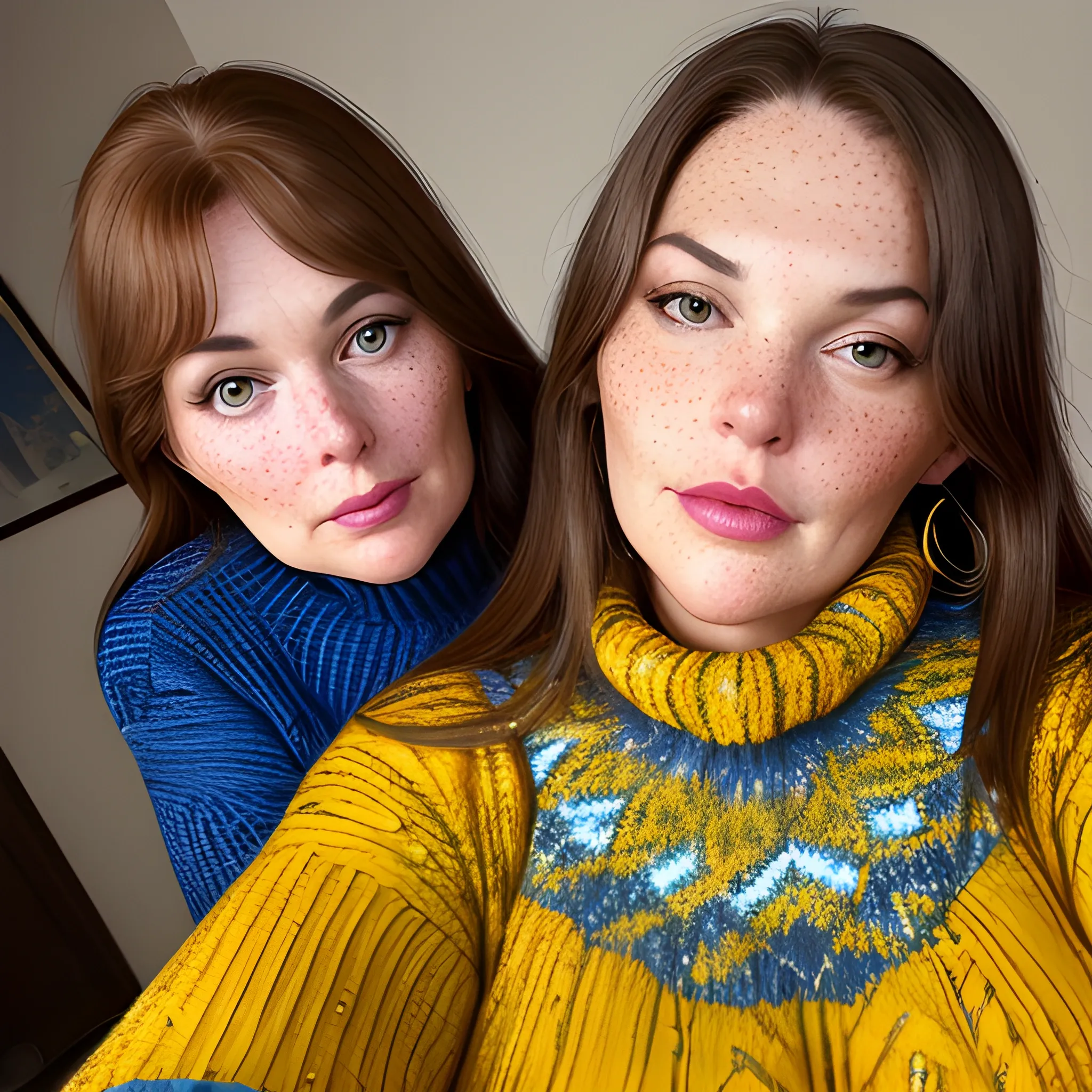 Two tall beautiful plus sized, ample, middle-aged  American Women, long straight brown hair, full lips, full face, freckles, fitted blue and yellow patterned sweaters, looking down at the camera, up close pov, detailed, warm lighting 