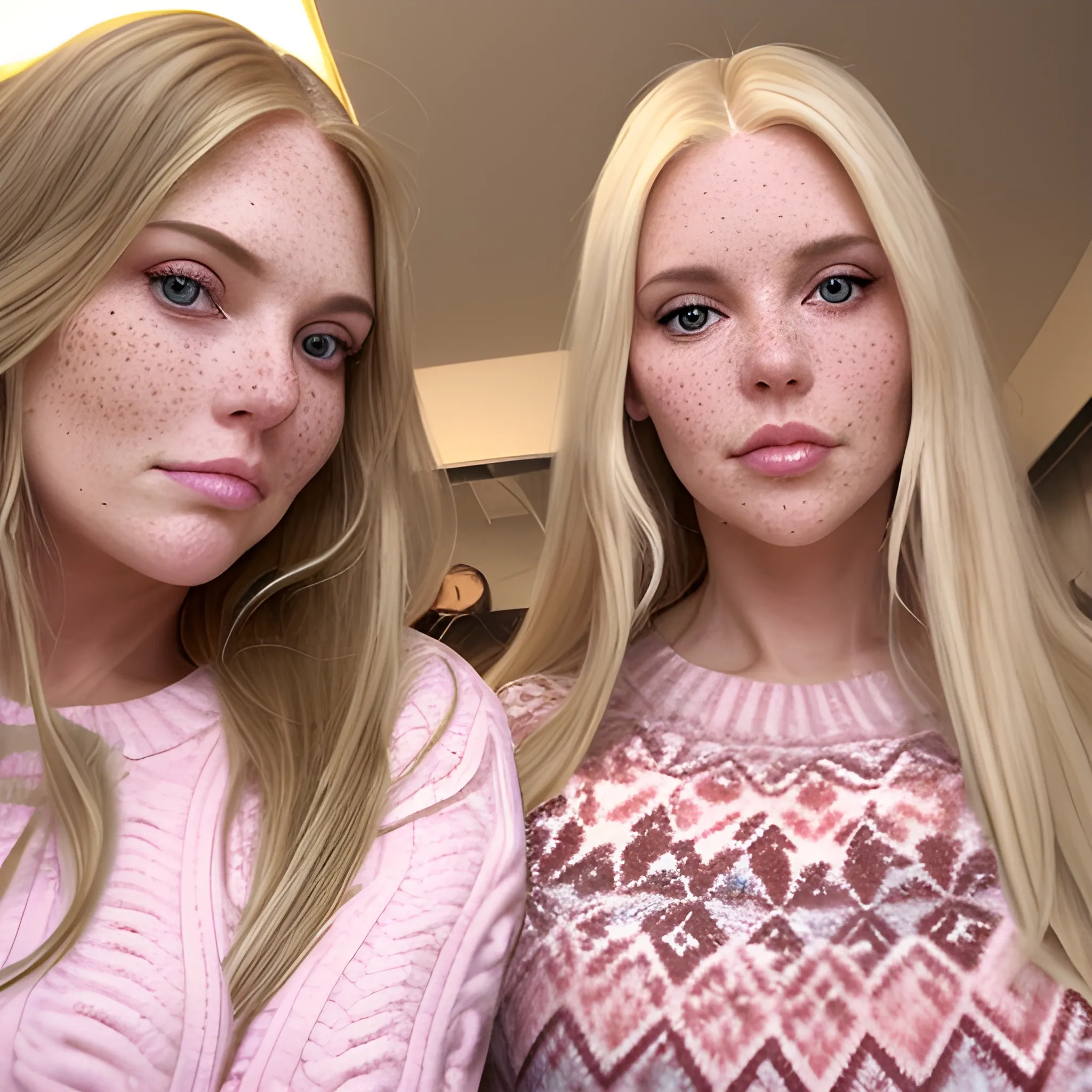 Two tall beautiful plus sized, ample, middle-aged  American Women, long straight blonde hair, full lips, full face, freckles, fitted white and pink patterned sweaters, looking down at the camera, up close pov, detailed, warm lighting 