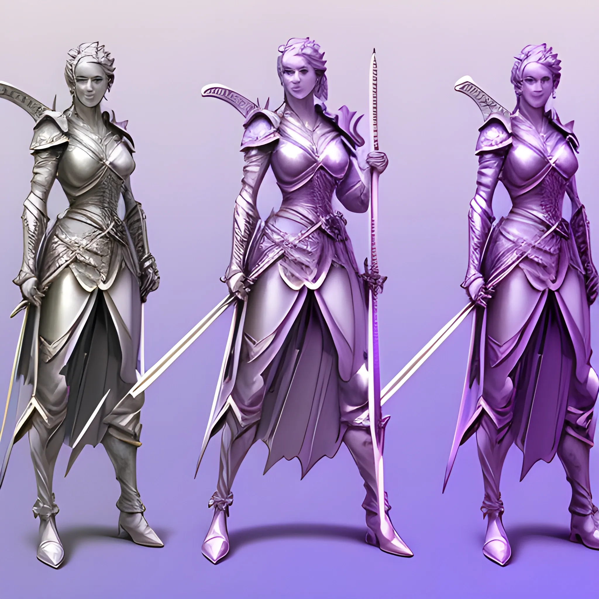 a woman holding swords and standing next to a sword, in the style of light purple and light indigo, 2d, dark white and light amber, dignified poses, li-core, group material, azure, Pencil Sketch, 3D