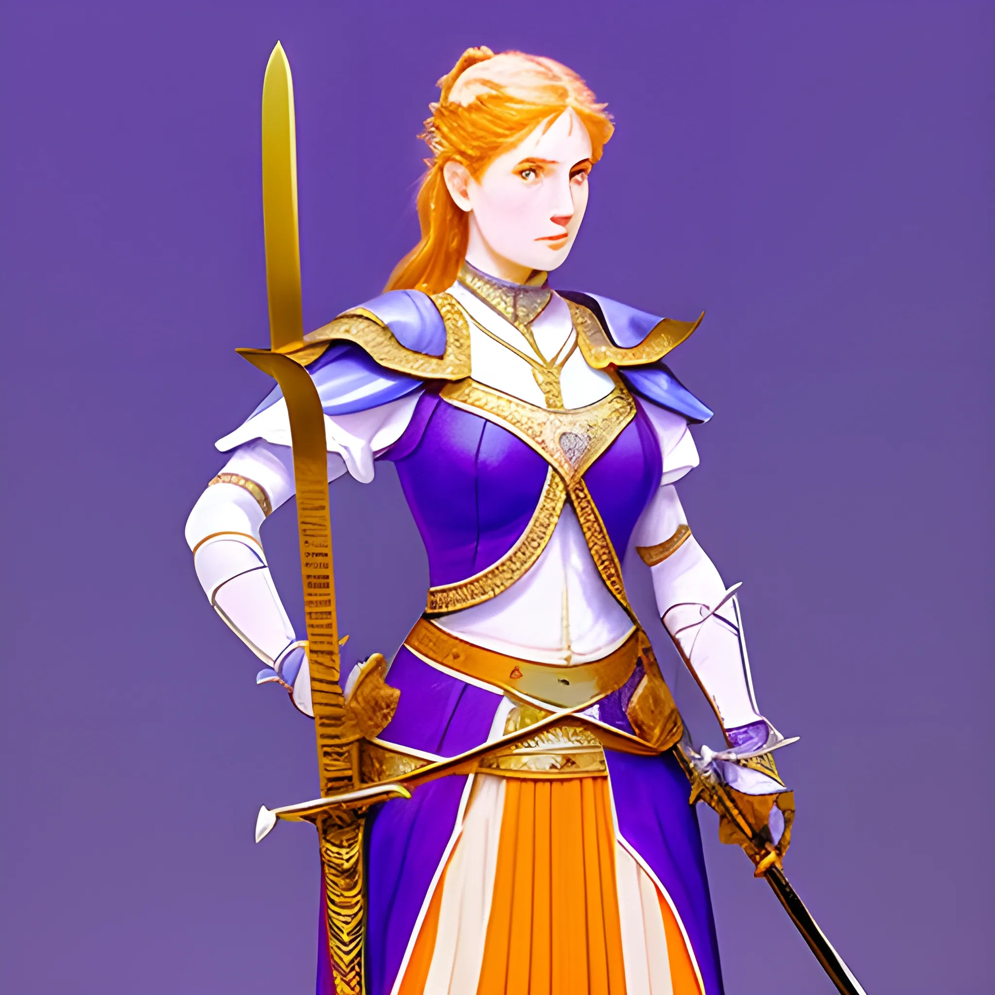 a woman holding swords and standing next to a sword, in the style of light purple and light indigo, 2d, dark white and light amber, dignified poses, li-core, group material, azure, 