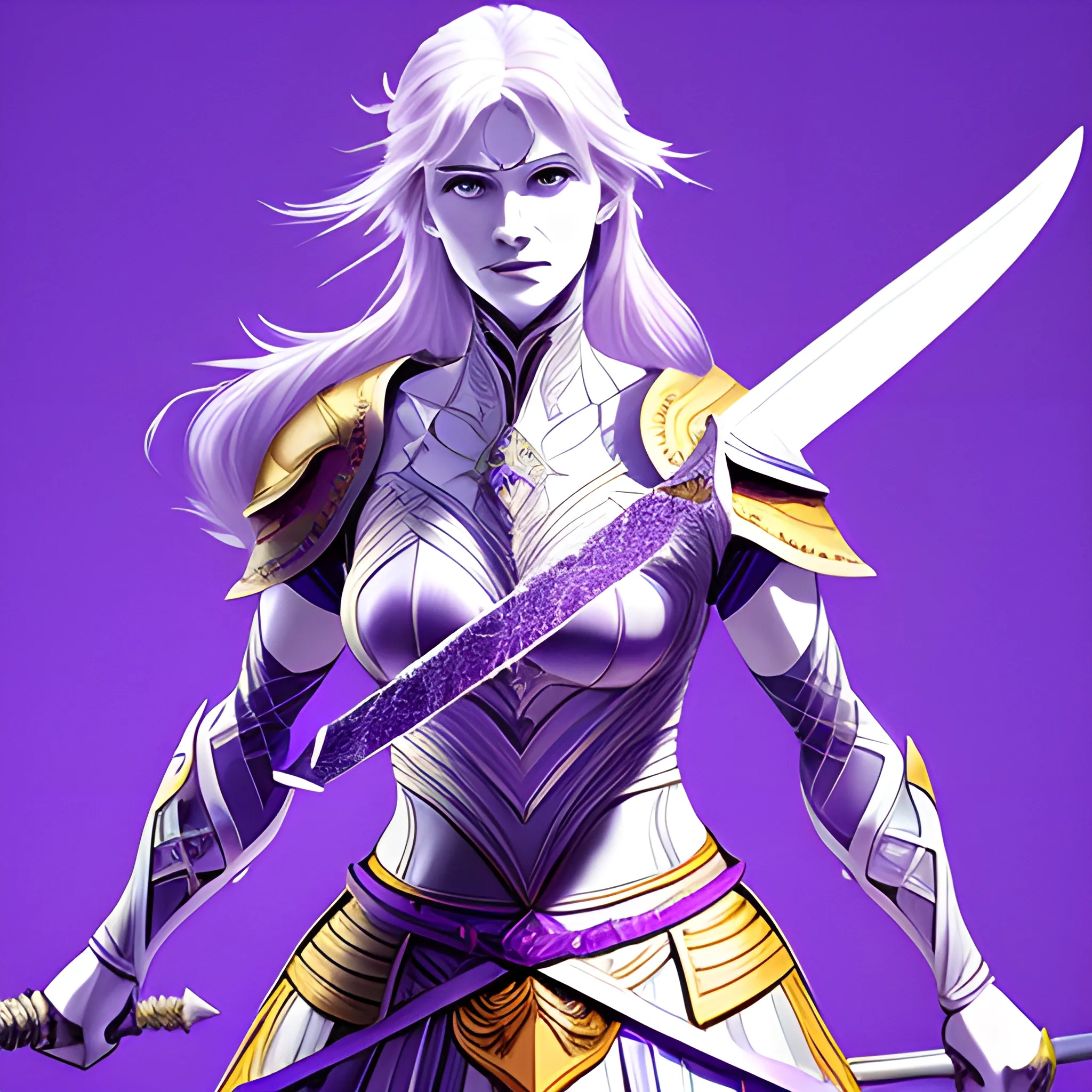 a woman holding swords and standing next to a sword, in the style of light purple and light indigo, 2d, dark white and light amber, dignified poses, li-core, group material, azure, , Cartoon