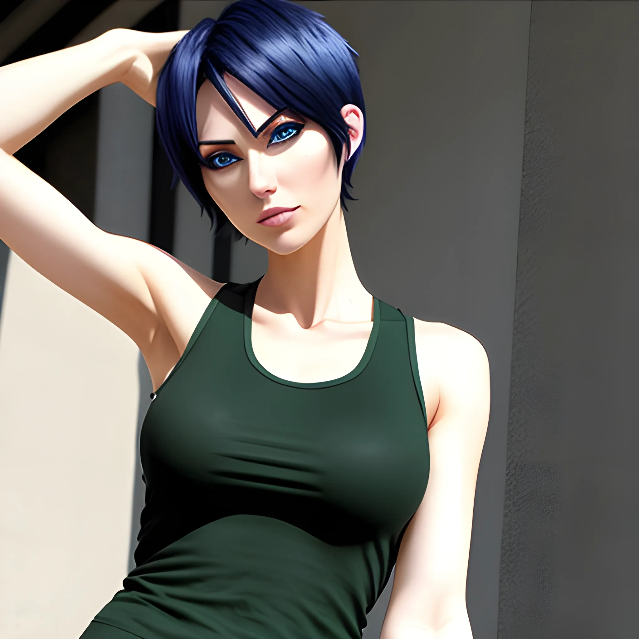 anime girl, green short hair, blue eyes, scars, black tank top,