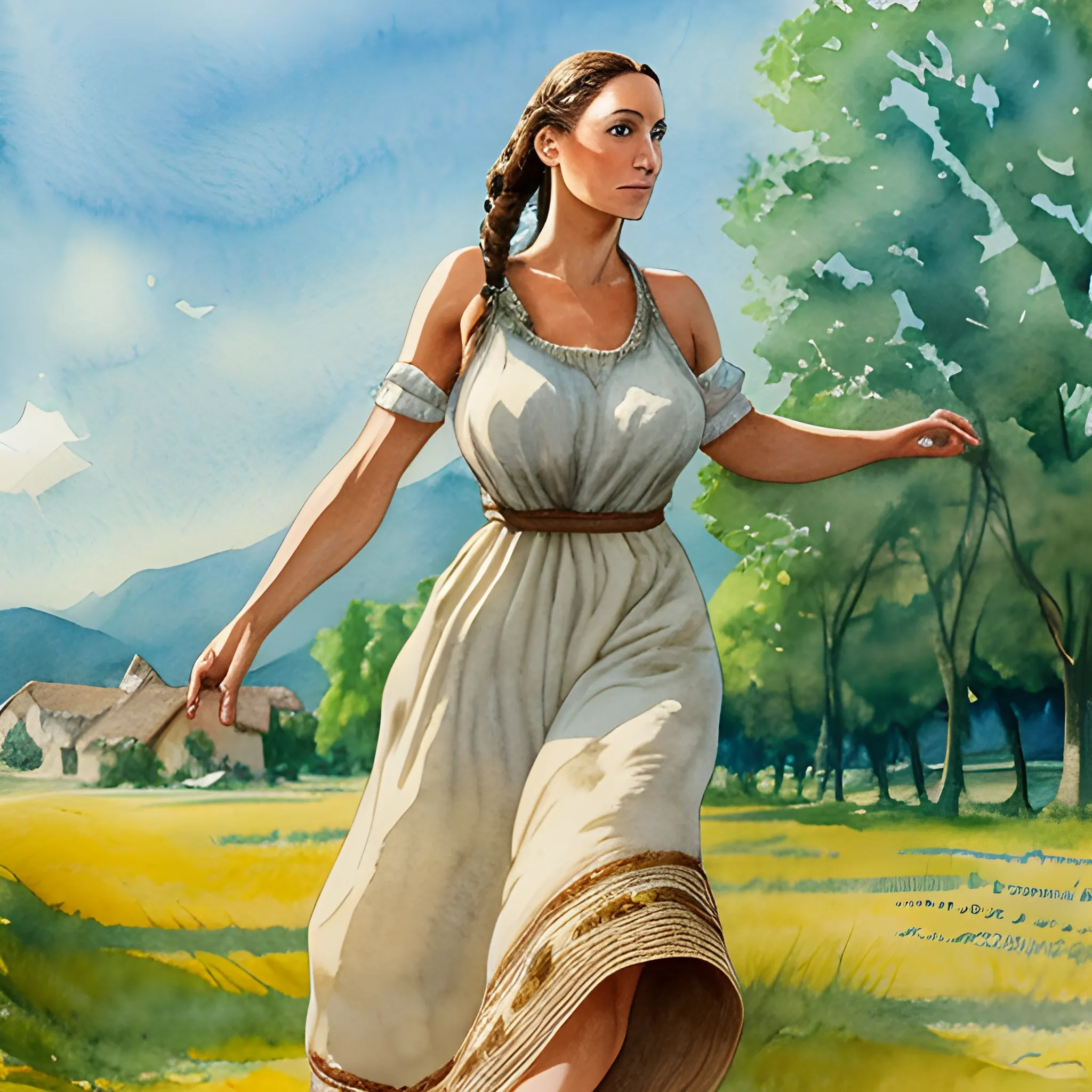 (portrait of girl, brunette, brown eyes, barefoot, on the ground, two braids, both braids on their shoulders) moving (village setting, rural, sunny, sunlight, very detailed dreamlike atmosphere, sharp focus, angle view bass, (centered image composition), masterpiece, watercolor