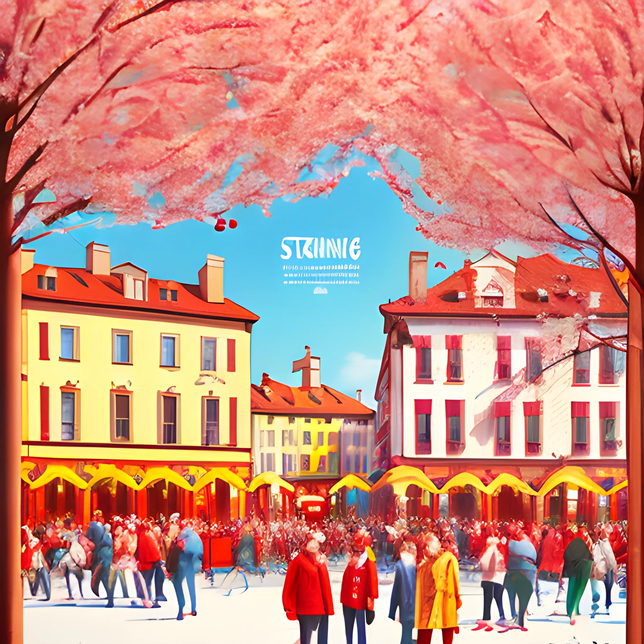 Festival poster for the holidays, photorealism, spring, sity with smiling people, shades of red yellow and white