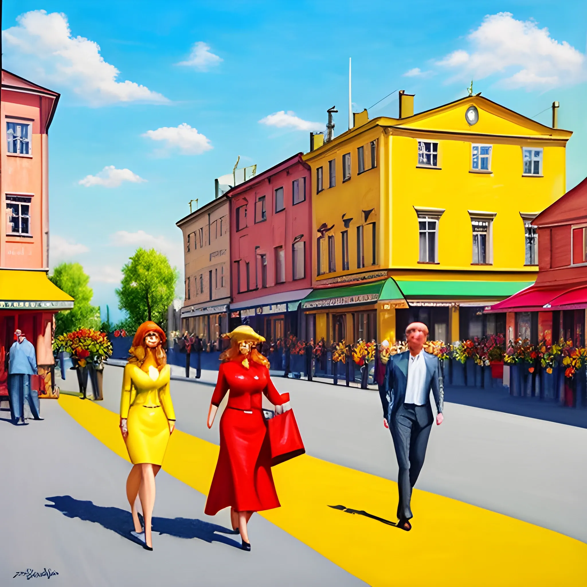 hyper realistic painting in the style of the 70s, spring, square of a small town in Belarus, smiling people walking, sunny weather, shades of red and yellow predominate, reg and green flags,without words or signatures, photorealism