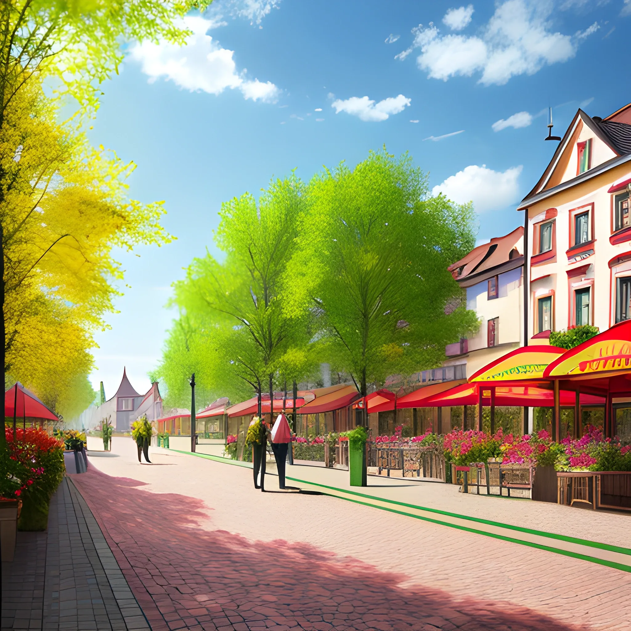 hyper realistic, spring, square of a small town in Belarus, smiling people walking, sunny weather, shades of red green and yellow predominate, reg and green flags,no words or signatures, photorealism