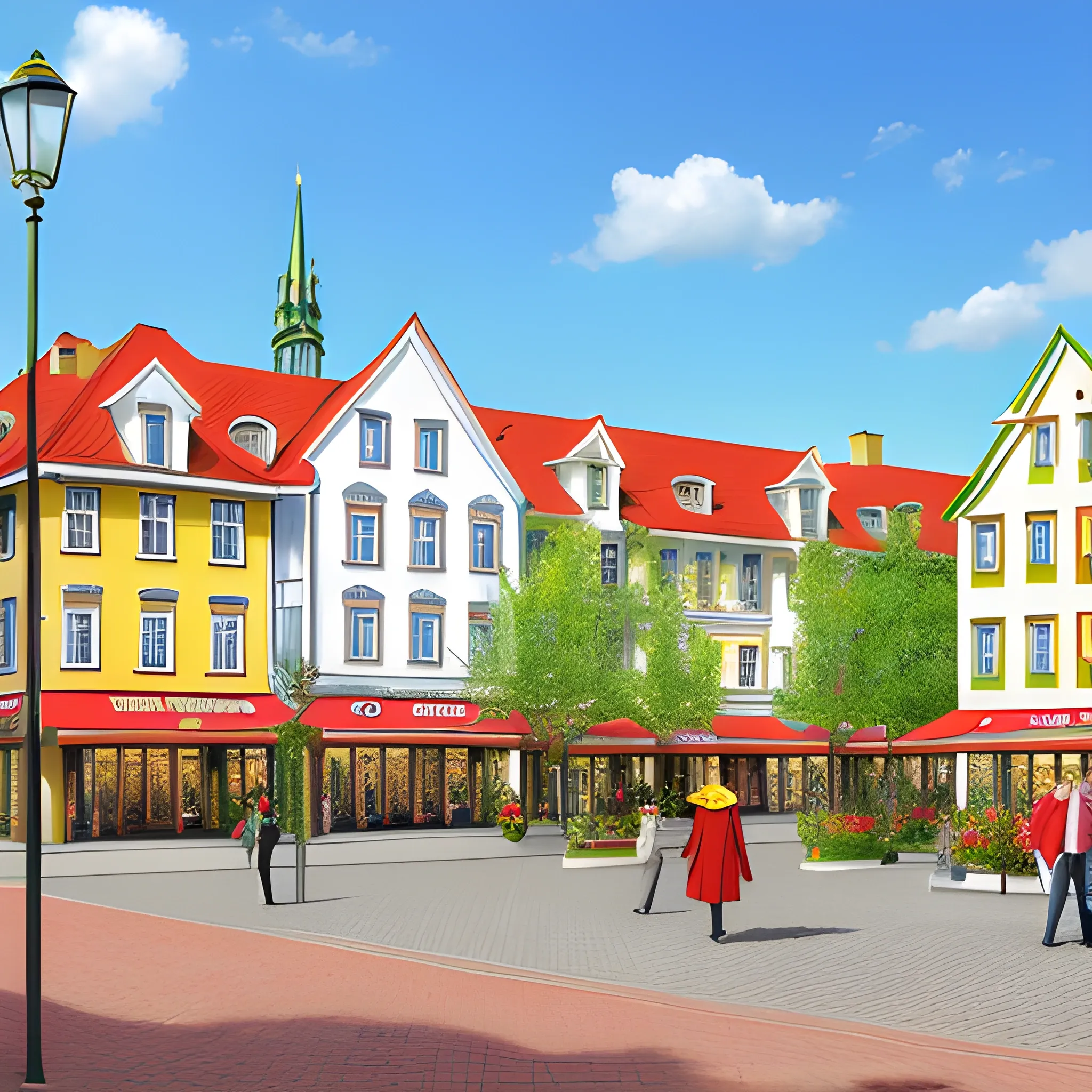 hyper realistic, spring, square of a small town in Belarus, smiling people walking, sunny weather, shades of red green and yellow predominate, reg and green flags,no words or signatures, photorealism 
{"width": 1024,
"height": 512}