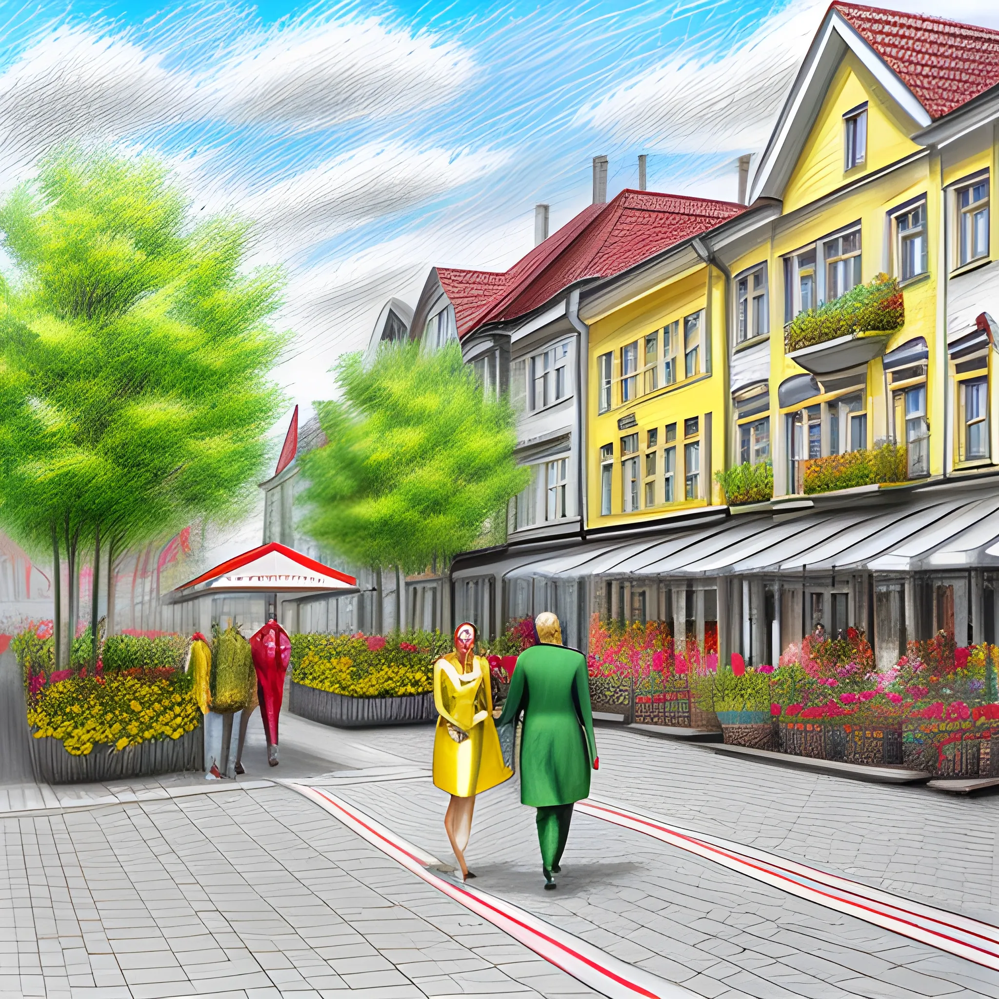 hyper realistic, spring, square of a small town in Belarus, smiling people walking, sunny weather, shades of red green and yellow predominate, reg and green flags,no words or signatures, photorealism , Pencil Sketch