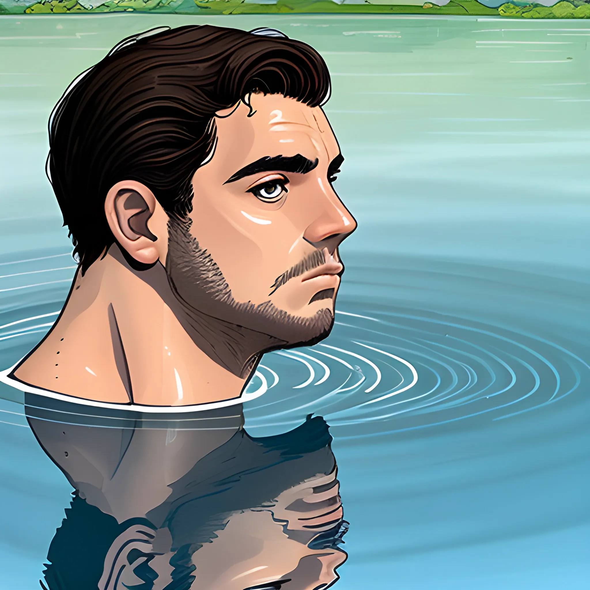 joven 25 años, grecia clasica, vestido como un griego de esa epoca, al lado de un lago, observando el reflejo de su rostro en el agua, Cartoon,