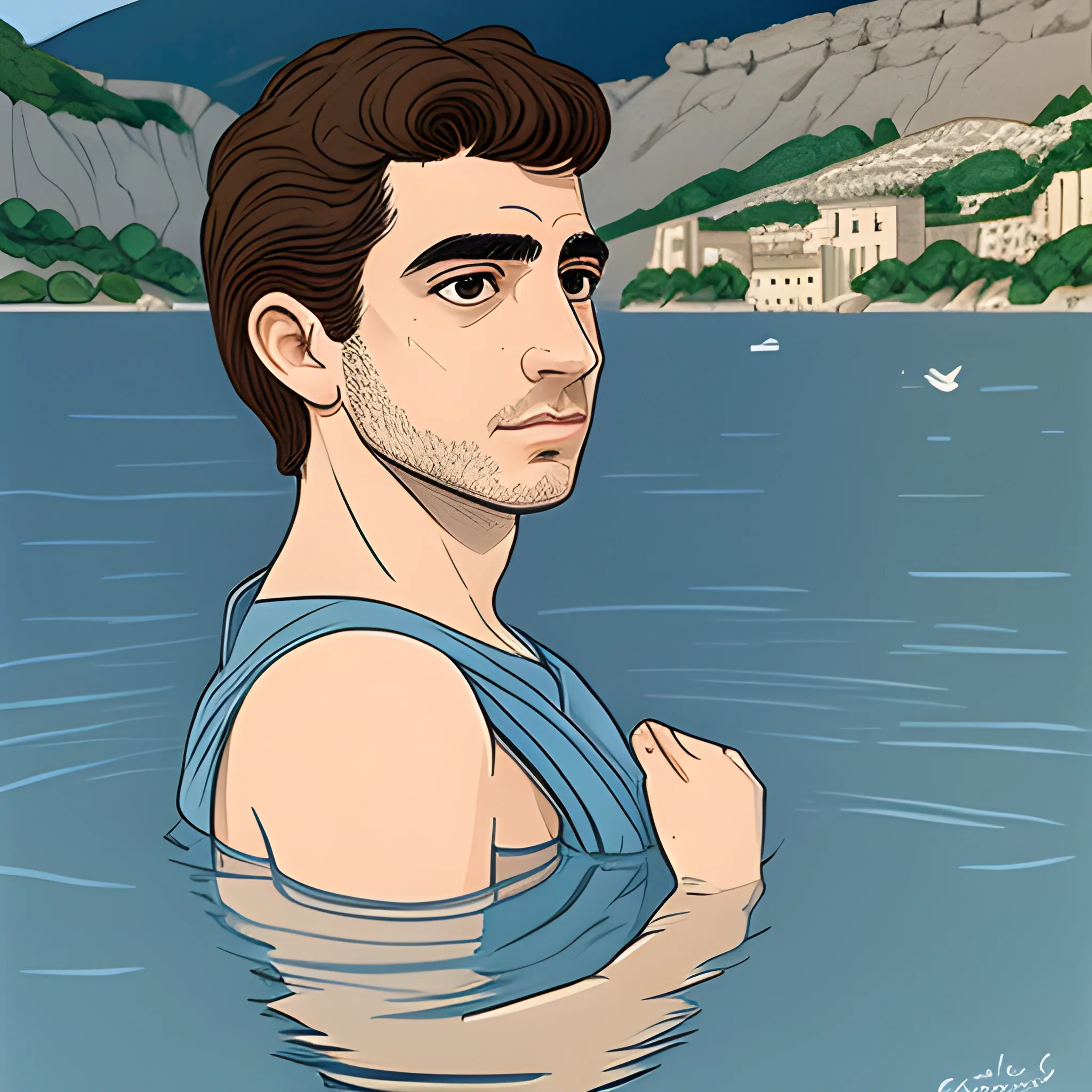 joven 25 años, grecia clasica, vestido como un griego de esa epoca, al lado de un lago, observando el reflejo de su rostro en el agua, Cartoon,