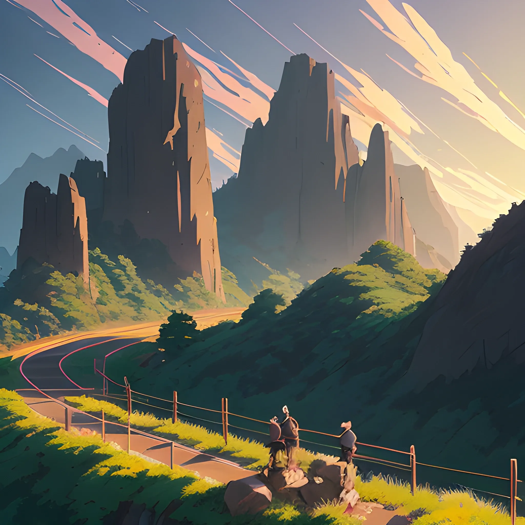 Law angle, landscape, mountain with brush, electric poles, with giants rocks, with road... in the style of makoto shinkai and greg rutkowski and albert bierstadt and james gurney, Cartoon