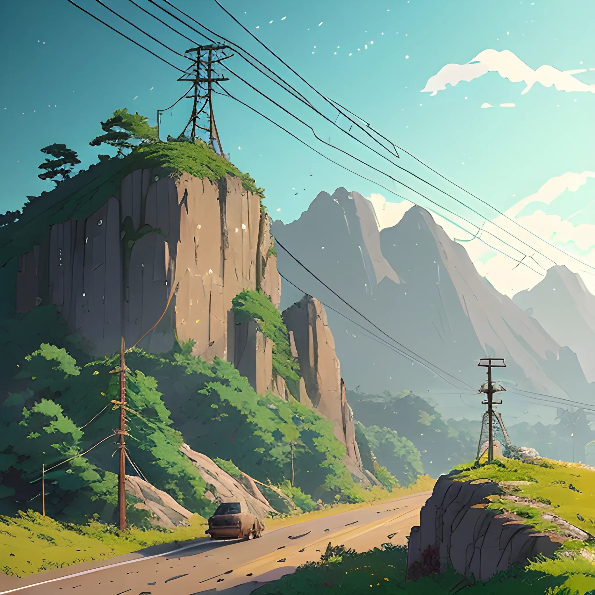 Law angle, landscape, mountain with brush, electric poles, with giants rocks, with road... in the style of makoto shinkai and greg rutkowski and albert bierstadt and james gurney, Cartoon