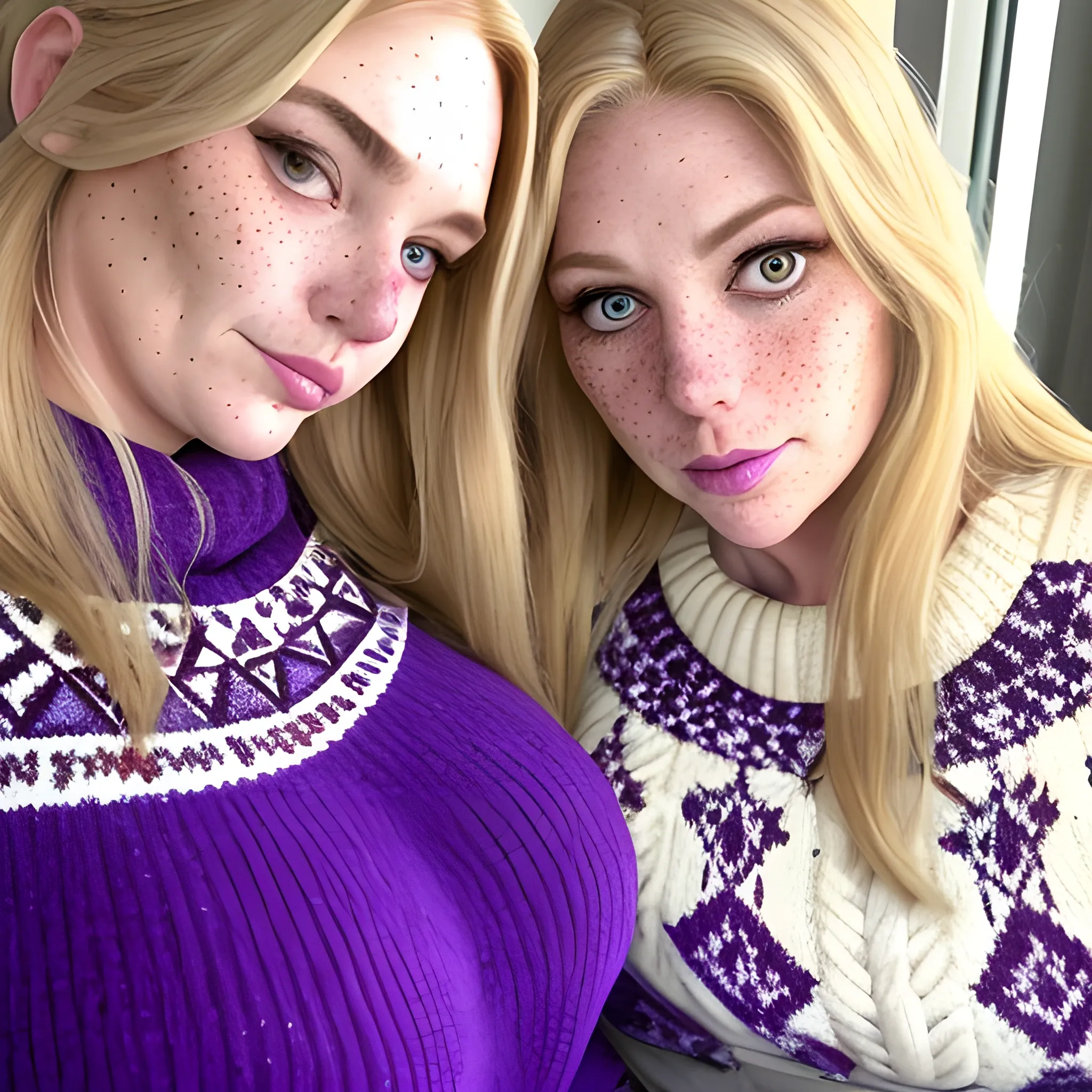 Two tall beautiful plus sized, ample, middle-aged  American Women, long straight blonde hair, full lips, full face, freckles, fitted white and purple patterned sweaters, looking down at the camera, up close pov, detailed, warm lighting 