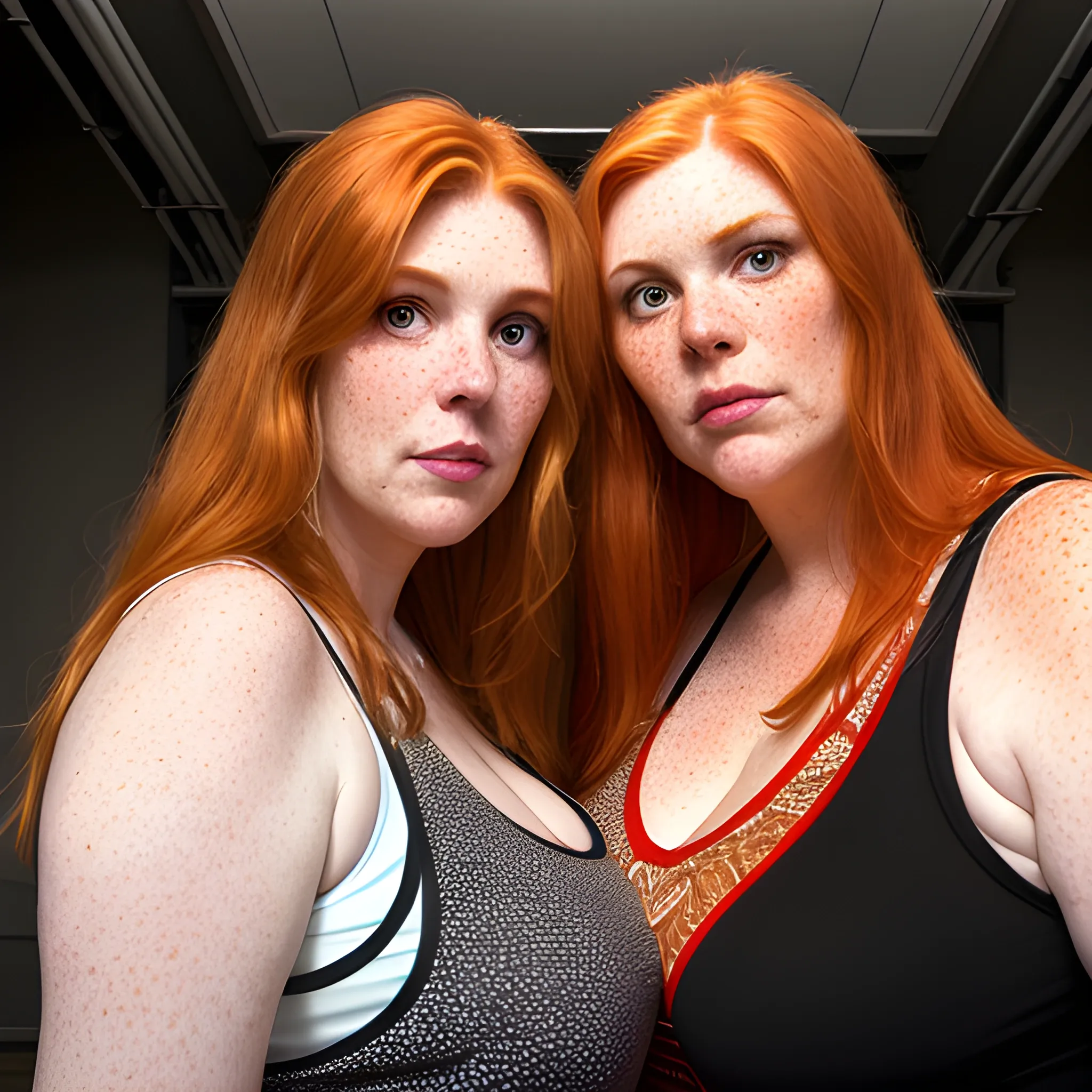 Two tall beautiful plus sized, ample, middle-aged  American Women, long straight ginger hair, full lips, full face, freckles, fitted black and red patterned tank tops, looking down at the camera, up close pov, detailed, warm lighting 