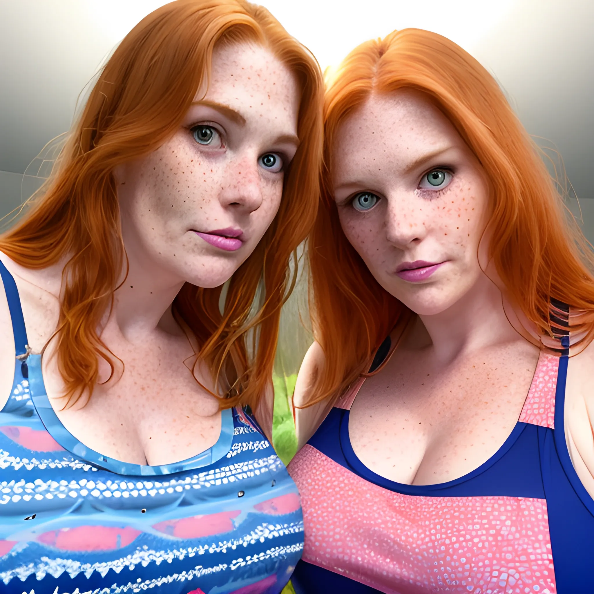 Two tall beautiful plus sized, ample, middle-aged  American Women, long straight ginger hair, full lips, full face, freckles, fitted blue and pink patterned tank tops, looking down at the camera, up close pov, detailed, warm lighting 