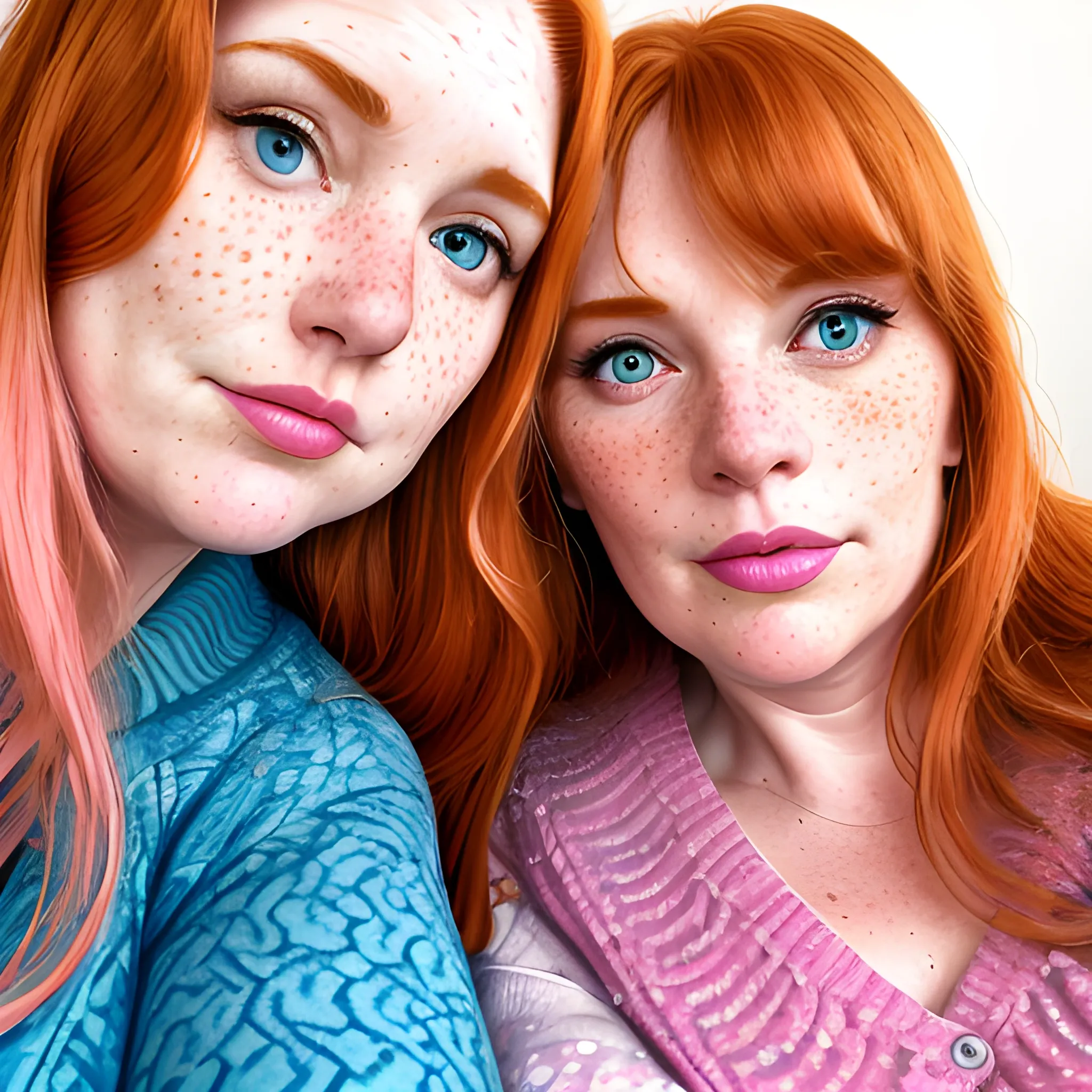 Two tall beautiful plus sized, ample, middle-aged  American Women, long straight ginger hair, full lips, full face, freckles, fitted blue and pink patterned cardigans, looking down at the camera, up close pov, detailed, warm lighting 