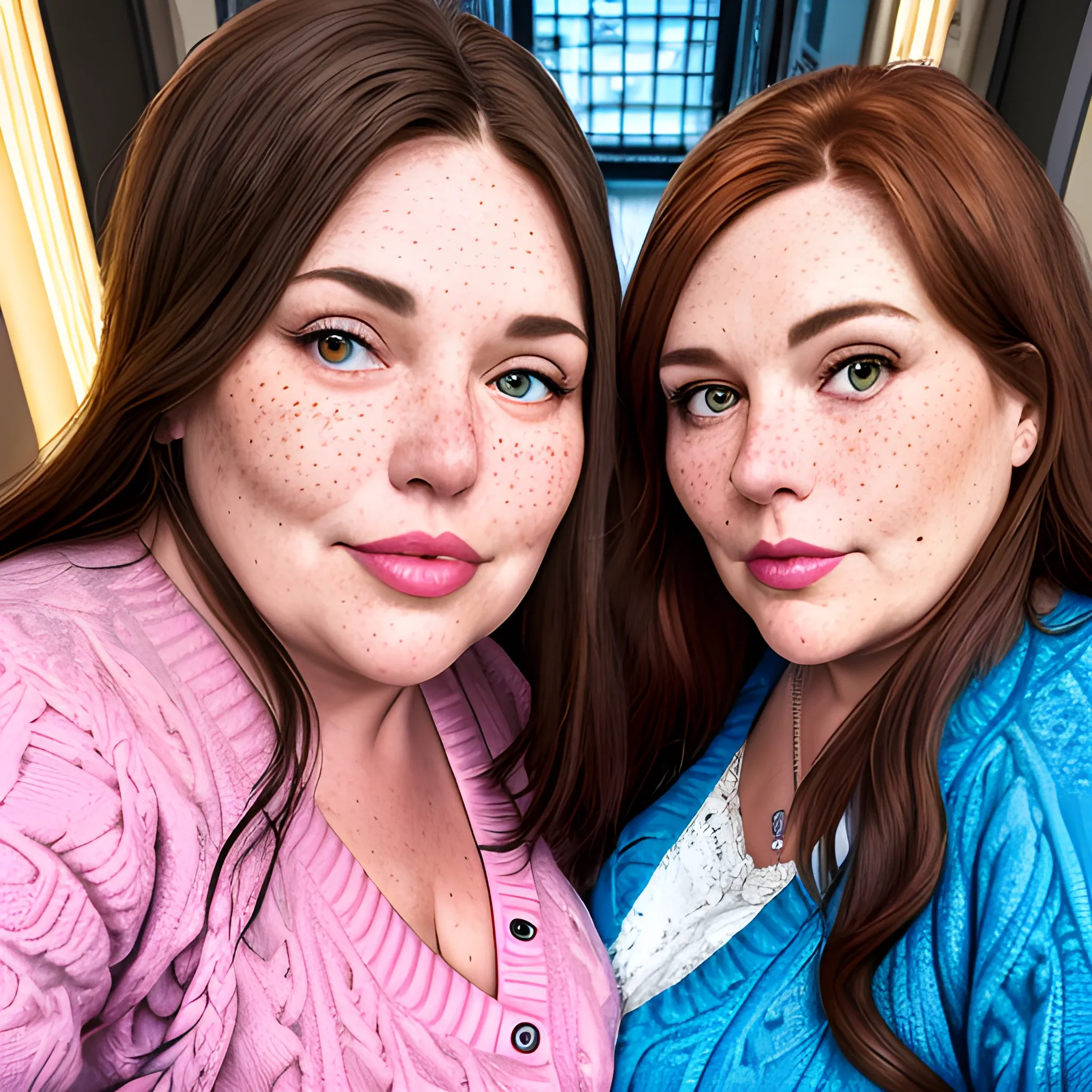 Two tall beautiful plus sized, ample, middle-aged  American Women, long straight brown hair, full lips, full face, freckles, fitted blue and pink patterned cardigans, looking down at the camera, up close pov, detailed, warm lighting 