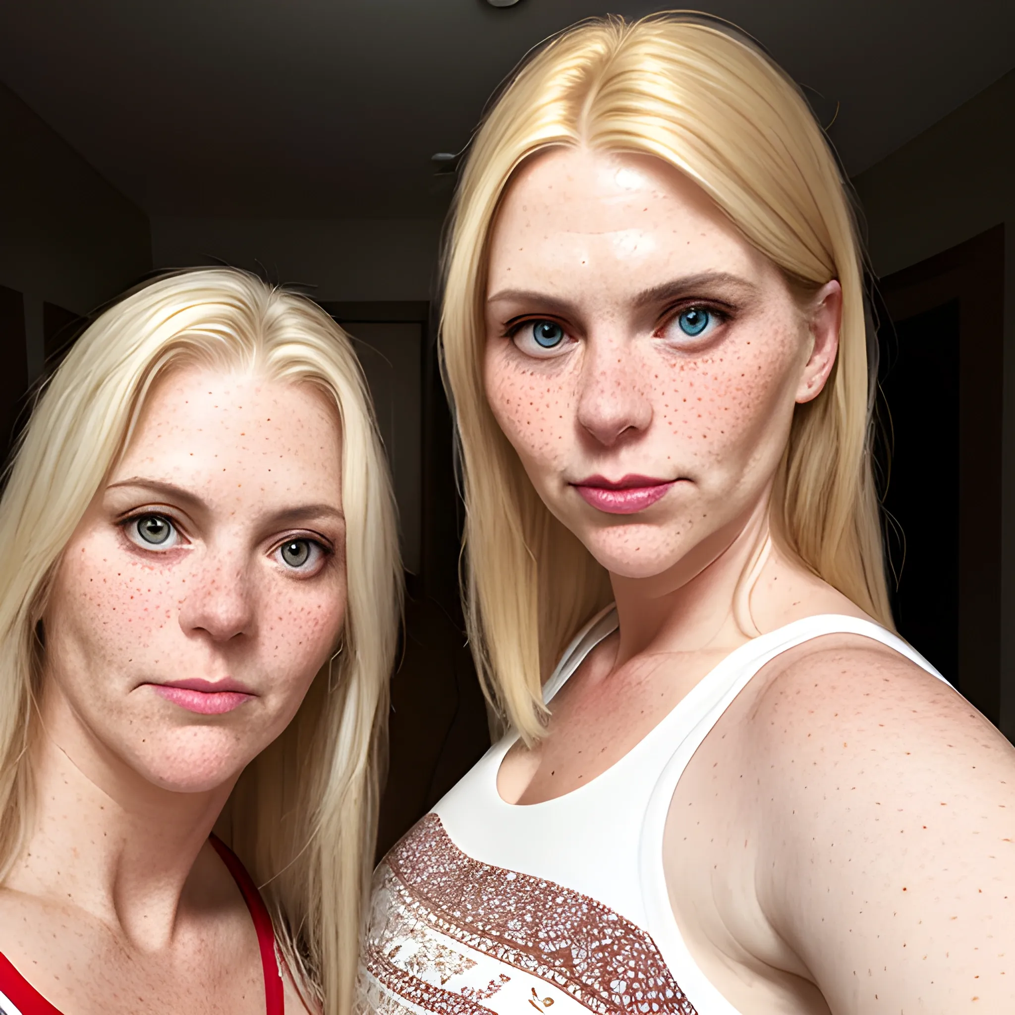 Two tall beautiful plus sized, ample, middle-aged  American Women, long straight blonde hair, full lips, full face, freckles, fitted white and red patterned tank tops, looking down at the camera, up close pov, detailed, warm lighting 