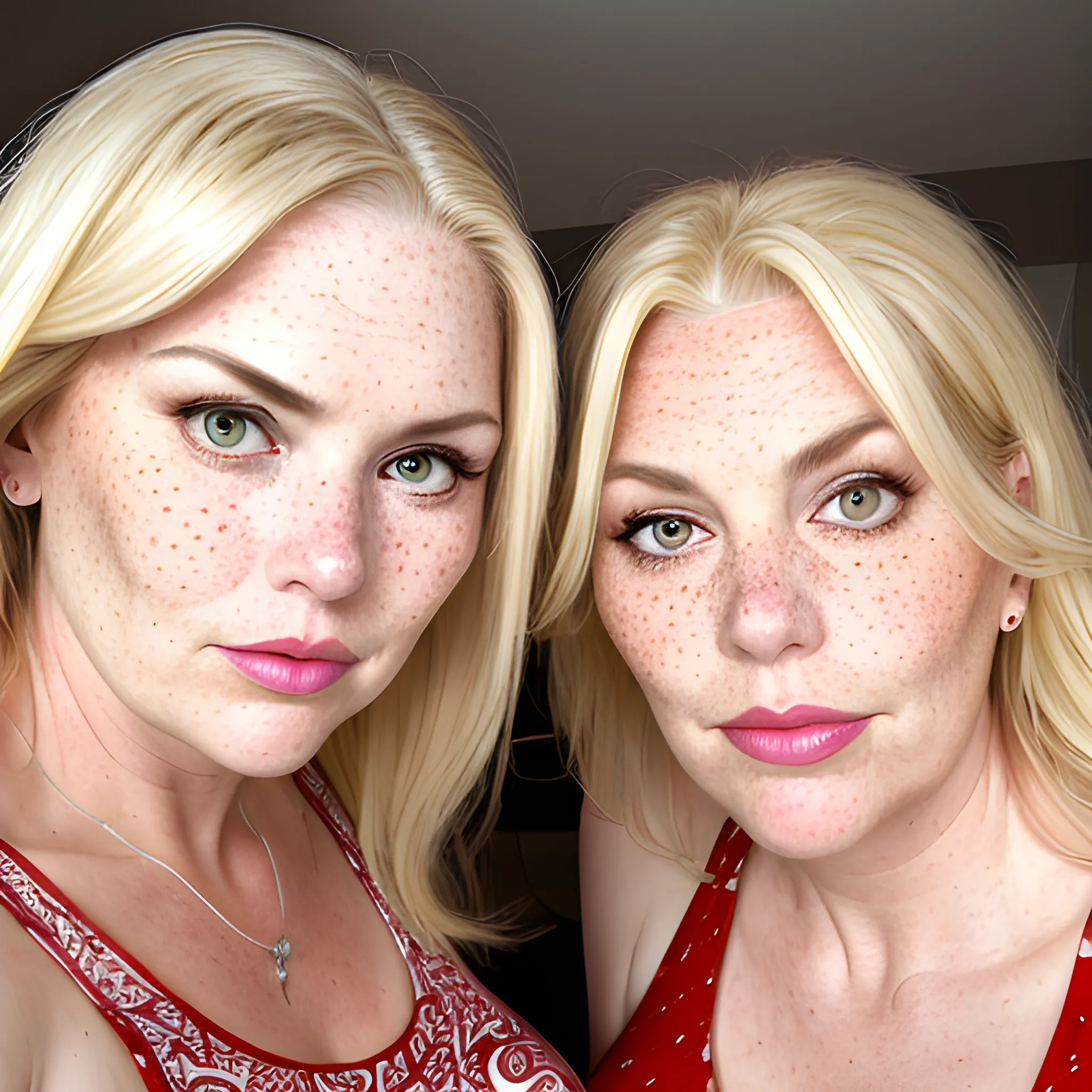 Two tall beautiful plus sized, ample, middle-aged  American Women, long straight blonde hair, full lips, full face, freckles, fitted white and red patterned tank tops, looking down at the camera, up close pov, detailed, warm lighting 