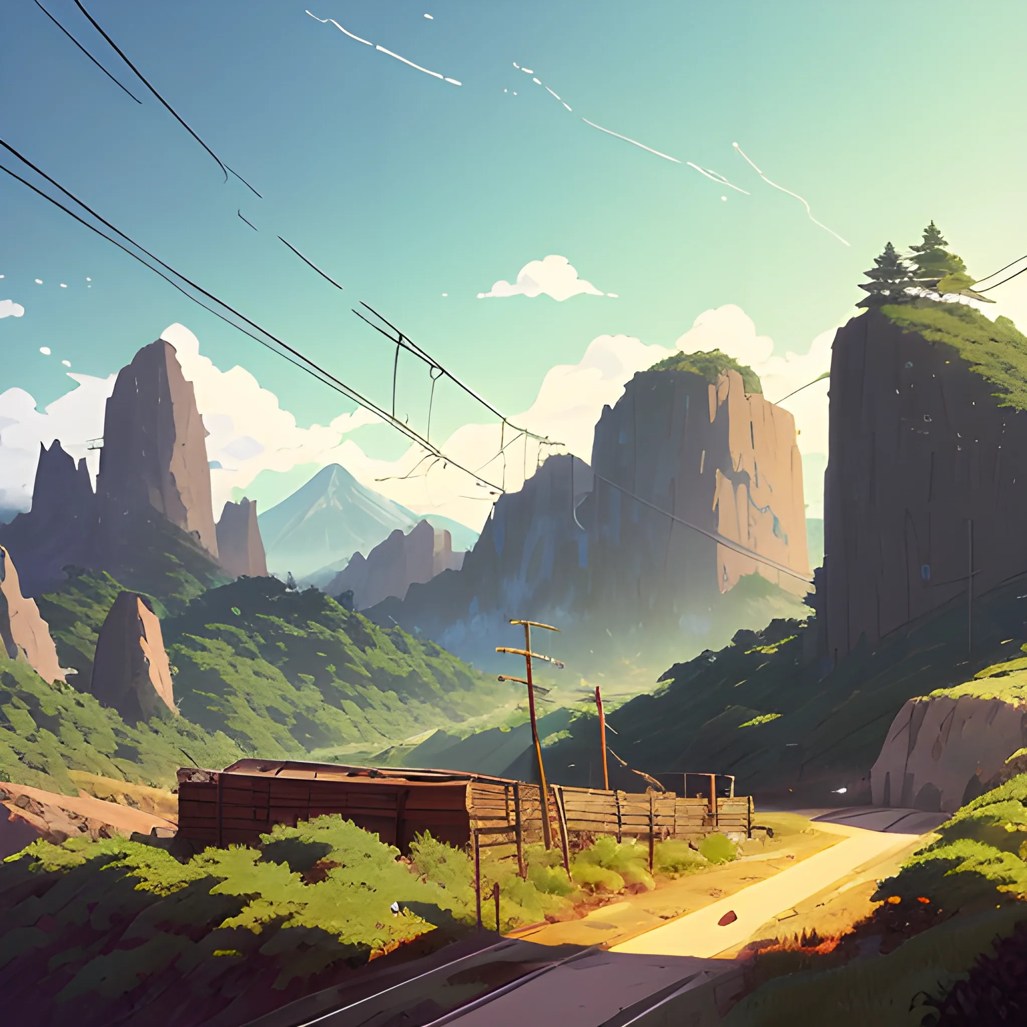 Law angle, landscape, mountain with brush, electric poles, with giants rocks... in the style of makoto shinkai and greg rutkowski and albert bierstadt and james gurney, Cartoon