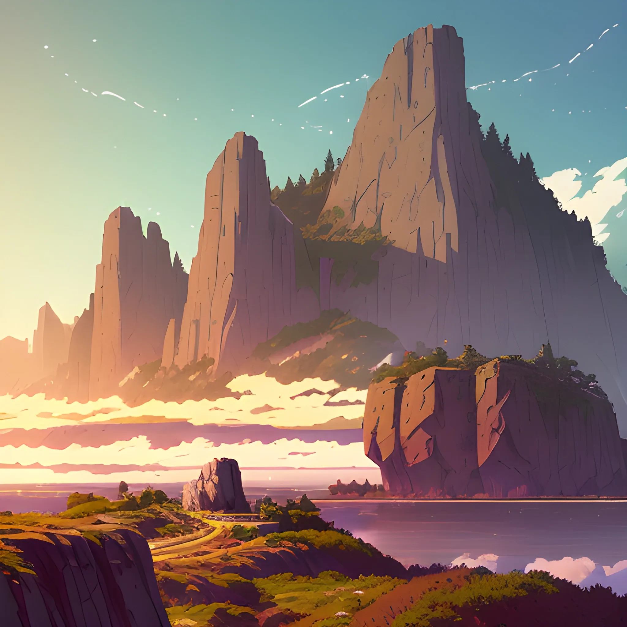 Law angle, landscape, mountain with brush, electric poles, with giants rocks... in the style of makoto shinkai and greg rutkowski and albert bierstadt and james gurney, Cartoon