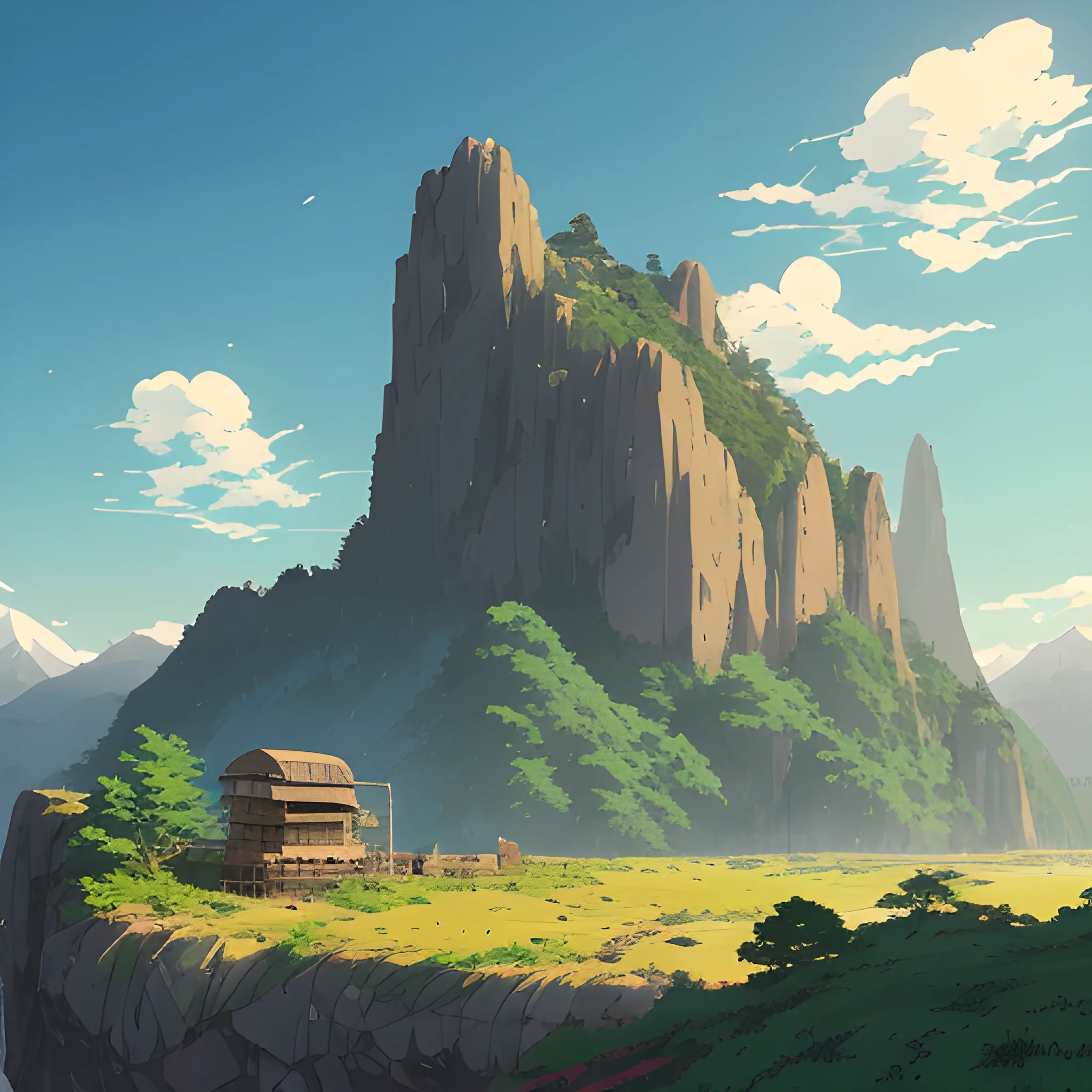 Law angle, landscape, mountain with brush, electric poles, with giants rocks... in the style of makoto shinkai and greg rutkowski and albert bierstadt and james gurney, Cartoon