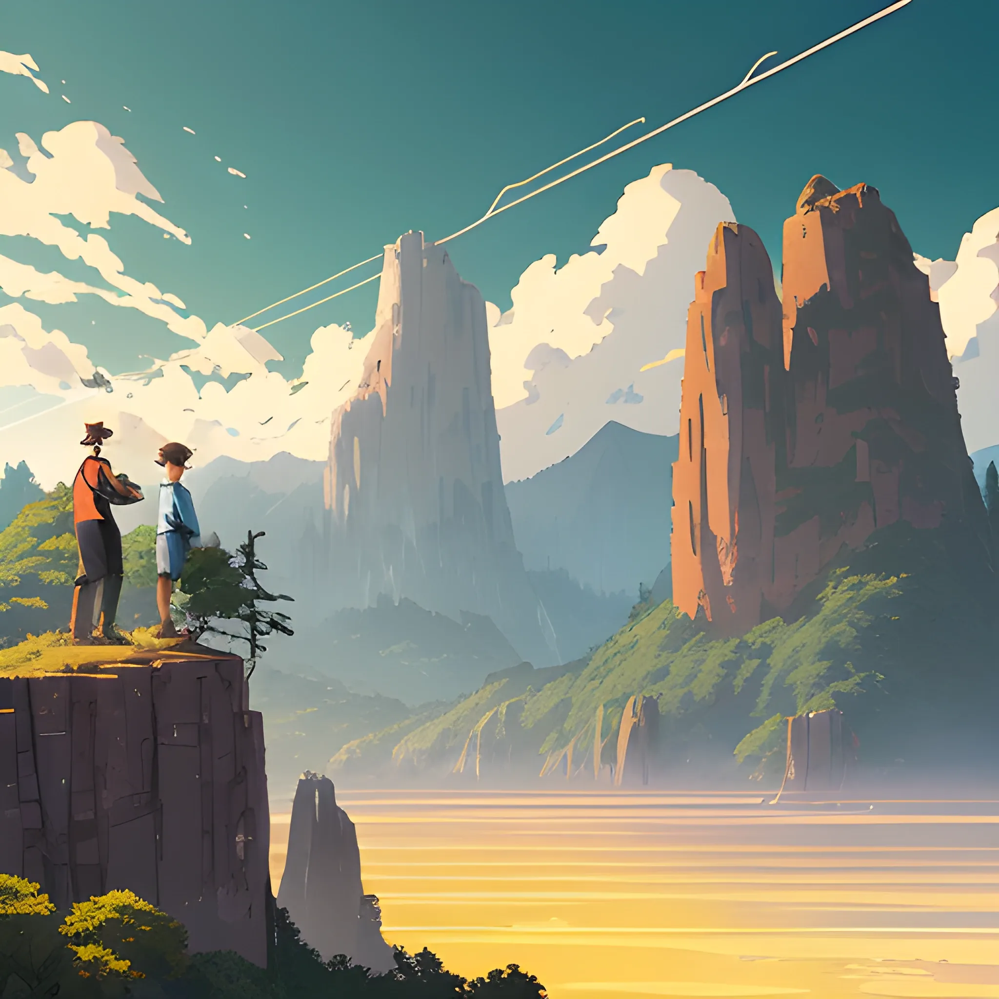 Law angle, landscape, mountain with brush, electric poles, with giants rocks... in the style of makoto shinkai and greg rutkowski and albert bierstadt and james gurney, Cartoon