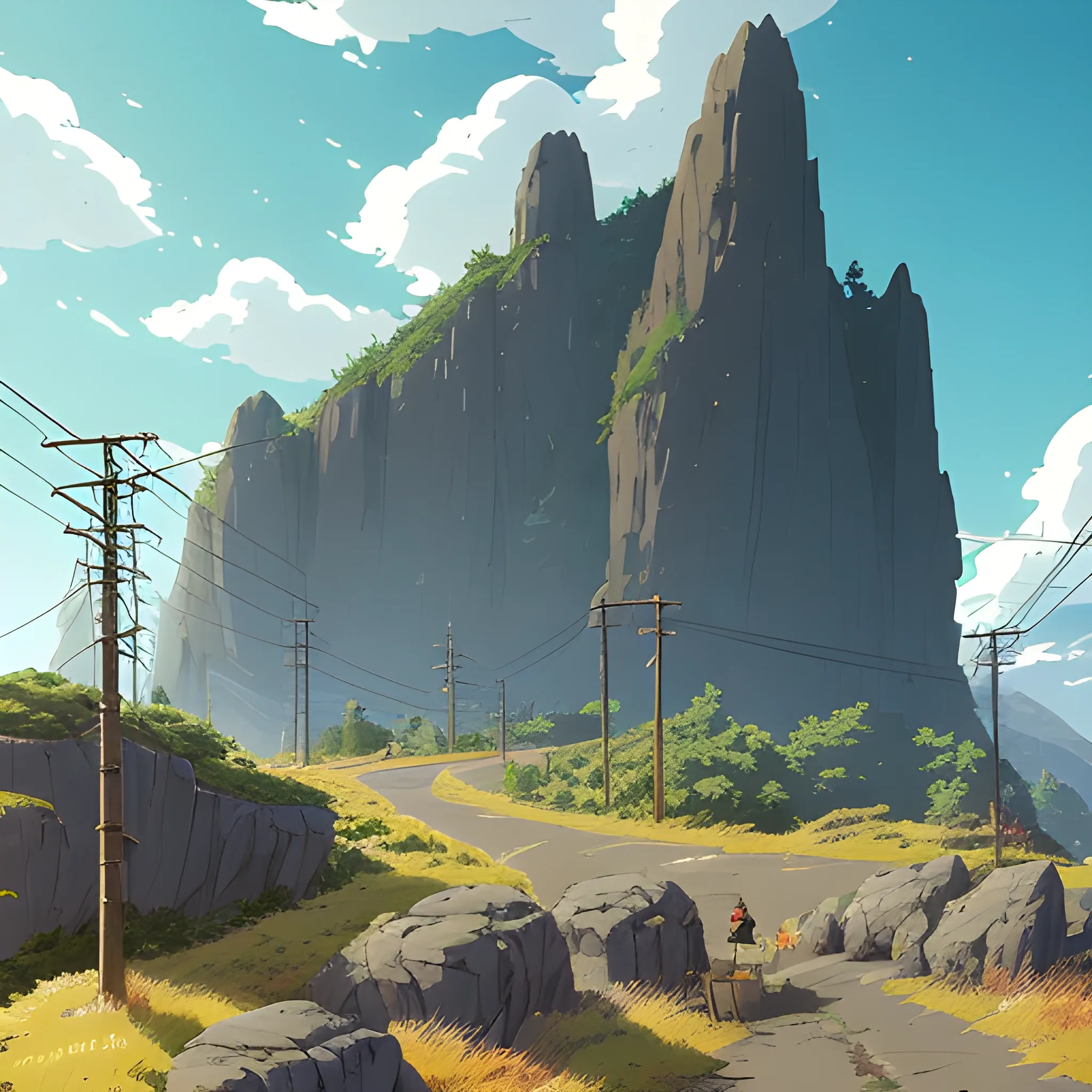 Law angle, landscape, mountain with brush, electric poles, with giants rocks... in the style of makoto shinkai and greg rutkowski and albert bierstadt and james gurney, Cartoon