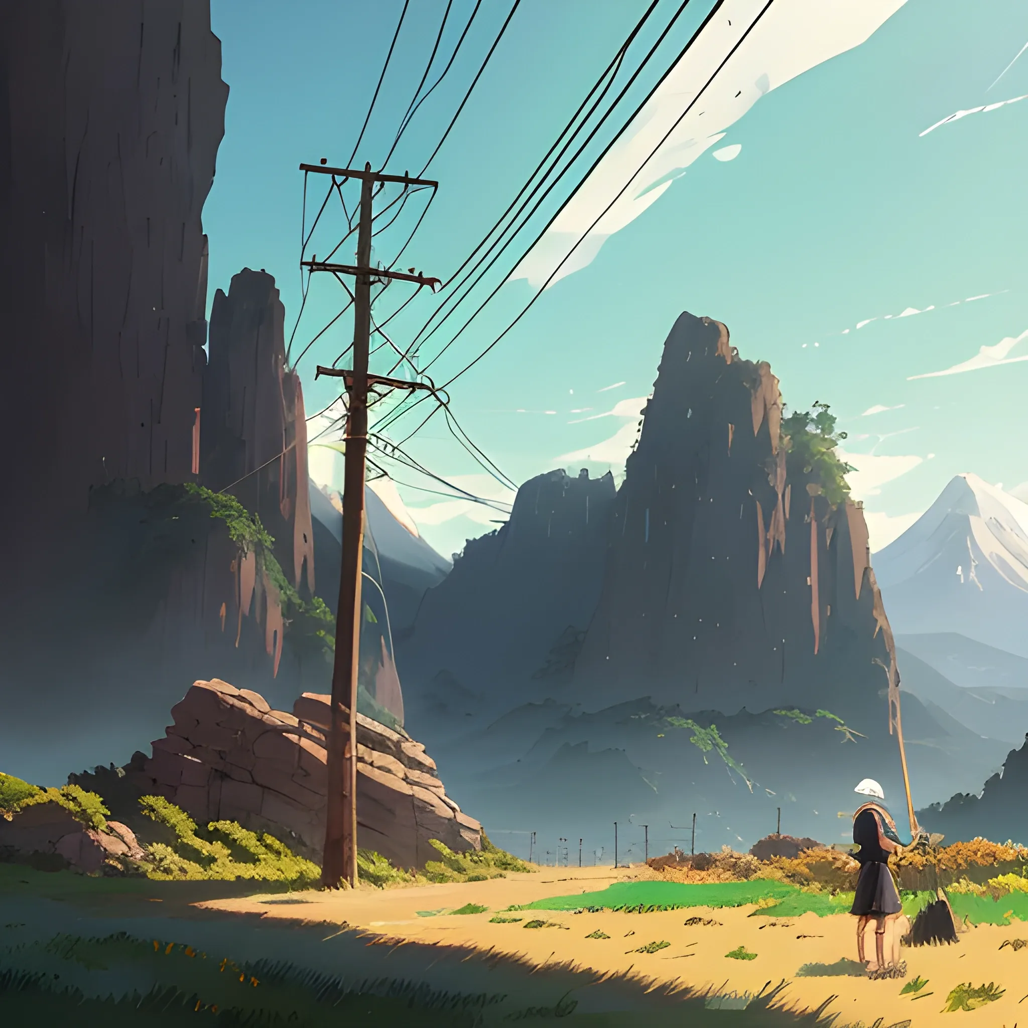 Law angle, landscape, mountain with brush, electric poles, with giants rocks... in the style of makoto shinkai and greg rutkowski and albert bierstadt and james gurney, Cartoon