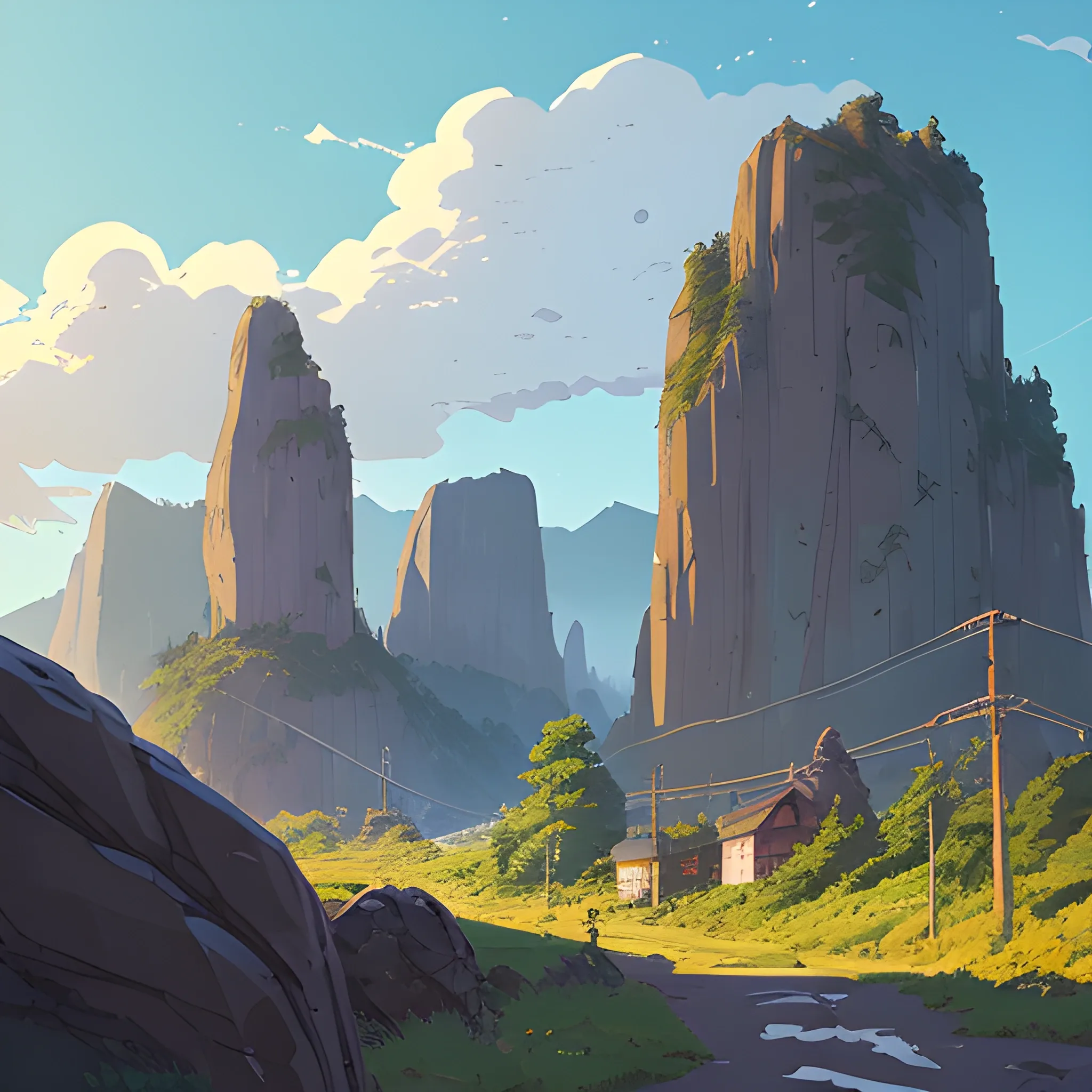 Law angle, landscape, mountain with brush, electric poles, with giants rocks... in the style of makoto shinkai and greg rutkowski and albert bierstadt and james gurney, Cartoon