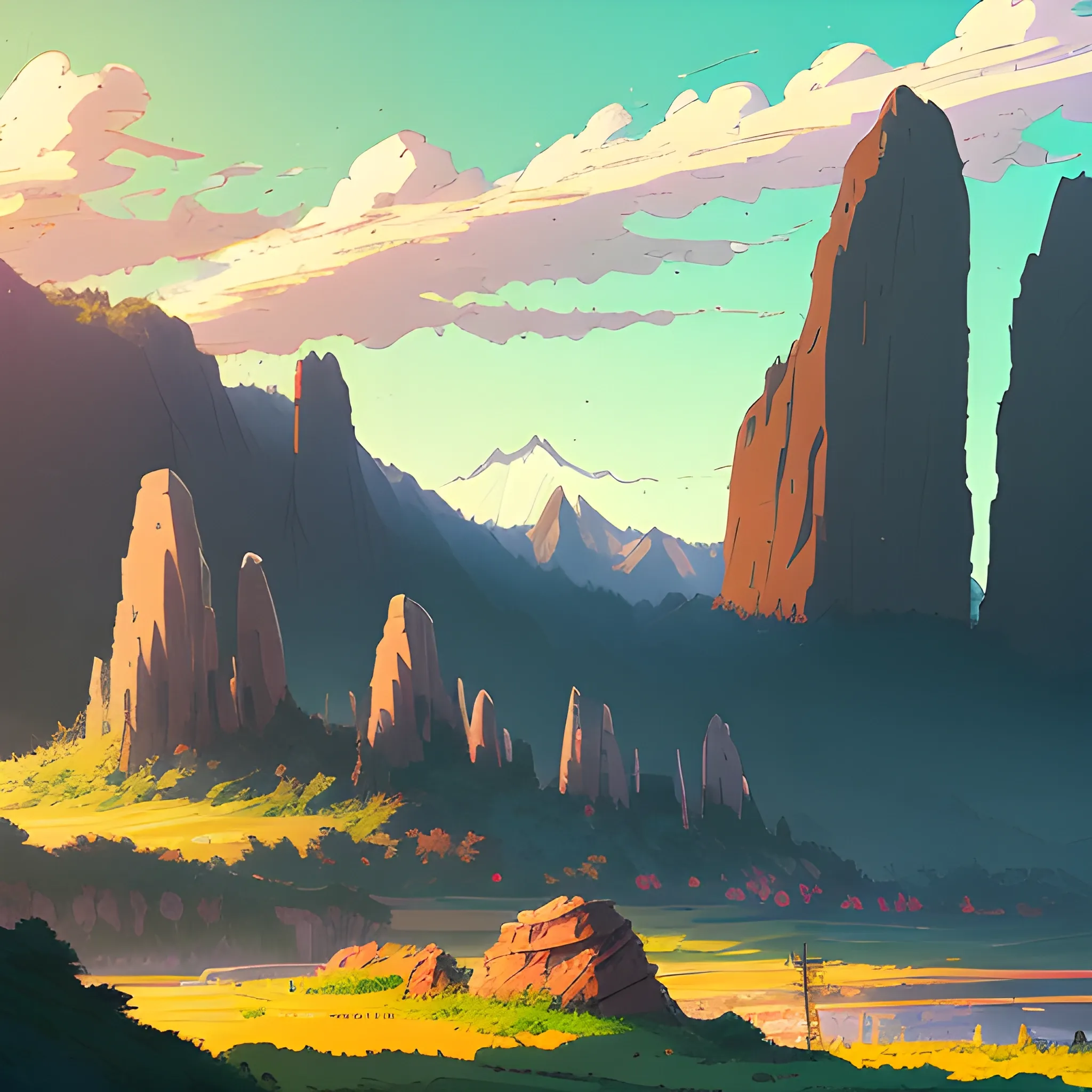 Law angle, landscape, mountain with brush, electric poles, with giants rocks... in the style of makoto shinkai and greg rutkowski and albert bierstadt and james gurney, Cartoon