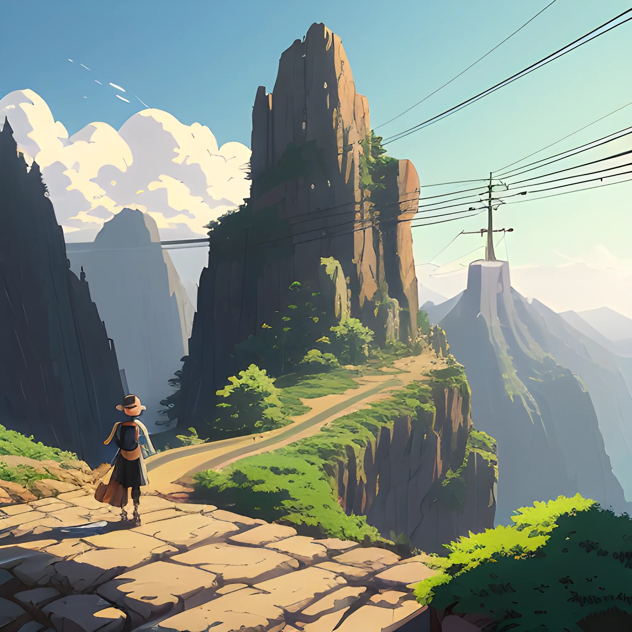 Law angle, landscape, mountain with brush, electric poles, with giants rocks... in the style of makoto shinkai and greg rutkowski and albert bierstadt and james gurney, Cartoon