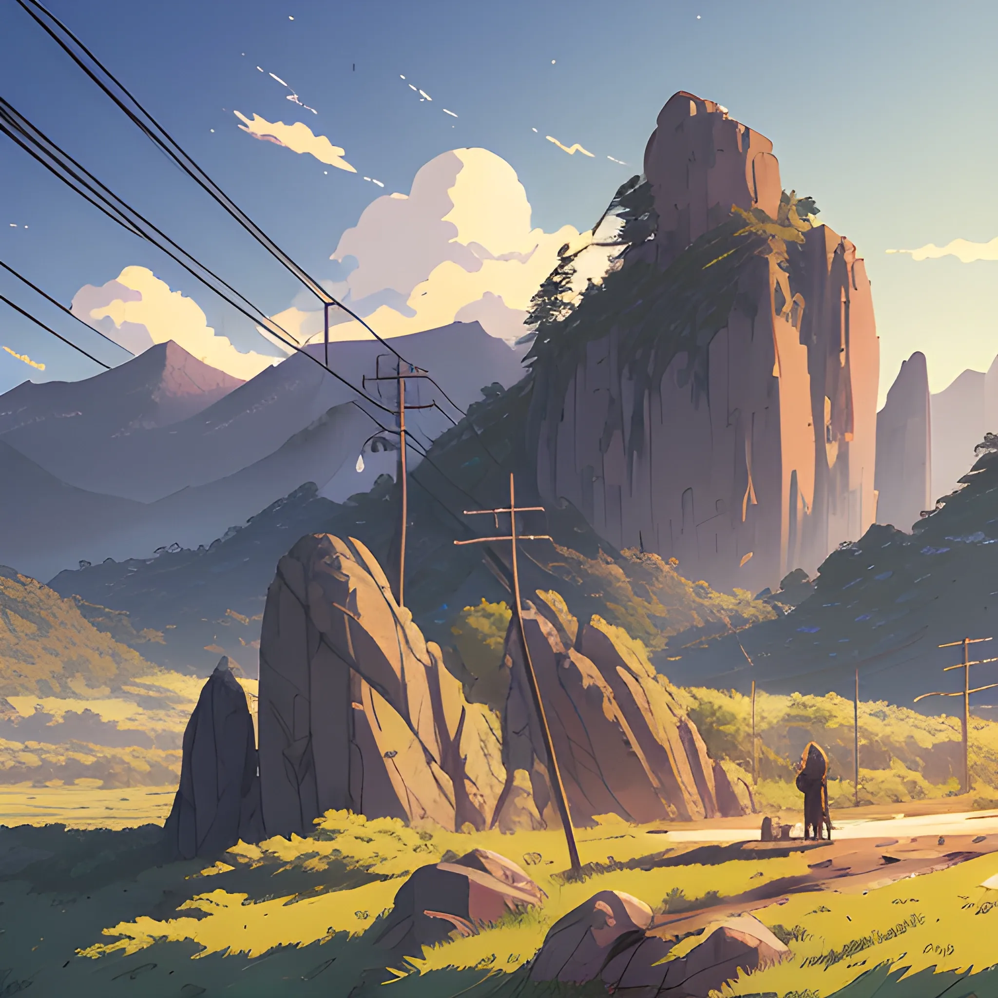 Law angle, landscape, mountain with brush, electric poles, with giants rocks... in the style of makoto shinkai and greg rutkowski and albert bierstadt and james gurney, Cartoon