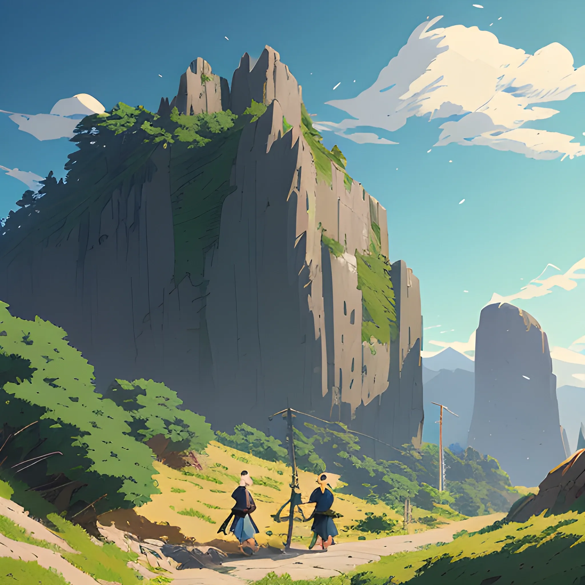 Law angle, landscape, mountain with brush, electric poles, with giants rocks... in the style of makoto shinkai and greg rutkowski and albert bierstadt and james gurney, Cartoon