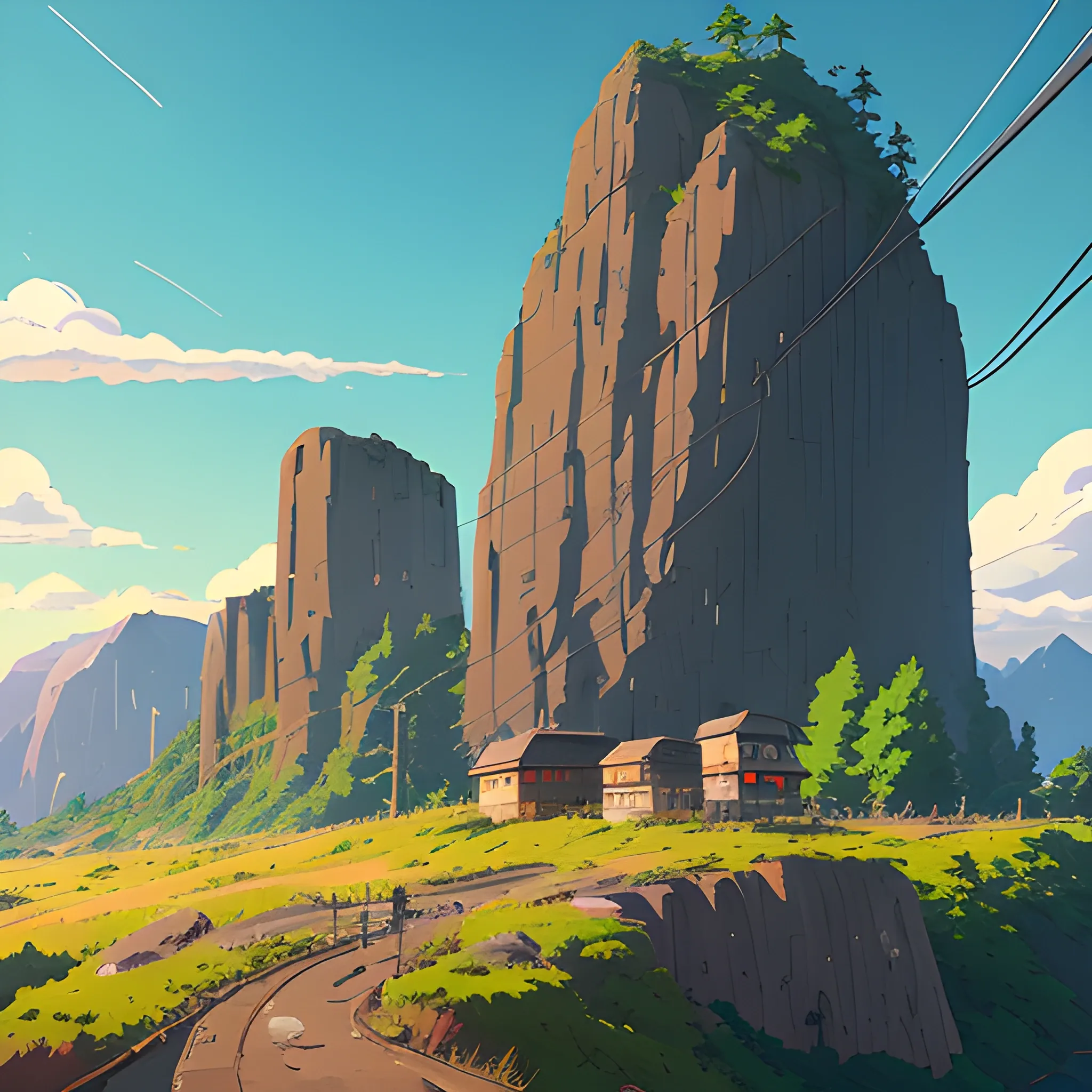 Law angle, landscape, mountain with brush, electric poles, with giants rocks... in the style of makoto shinkai and greg rutkowski and albert bierstadt and james gurney, Cartoon