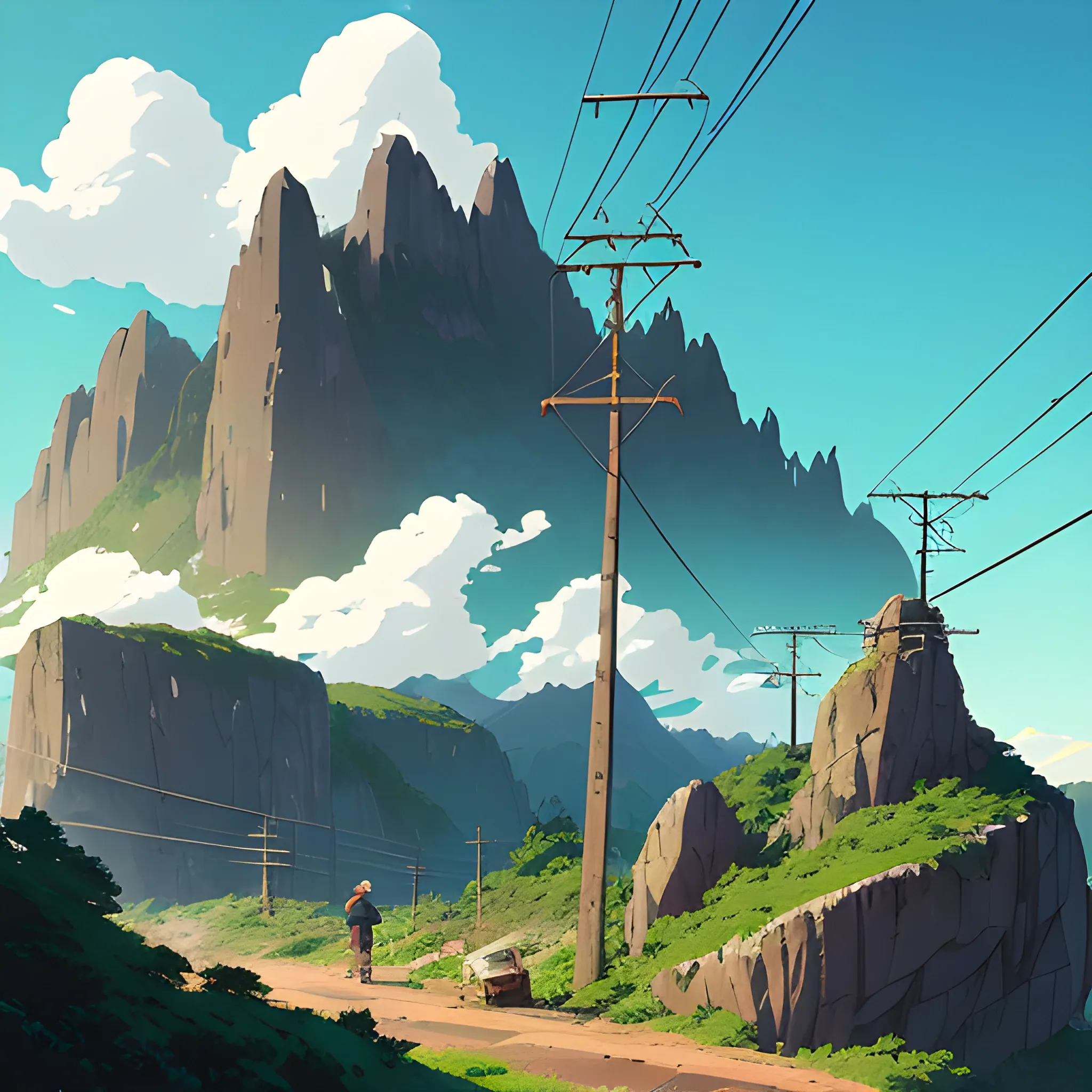 Law angle, landscape, mountain with brush, electric poles, with giants rocks... in the style of makoto shinkai and greg rutkowski and albert bierstadt and james gurney, Cartoon