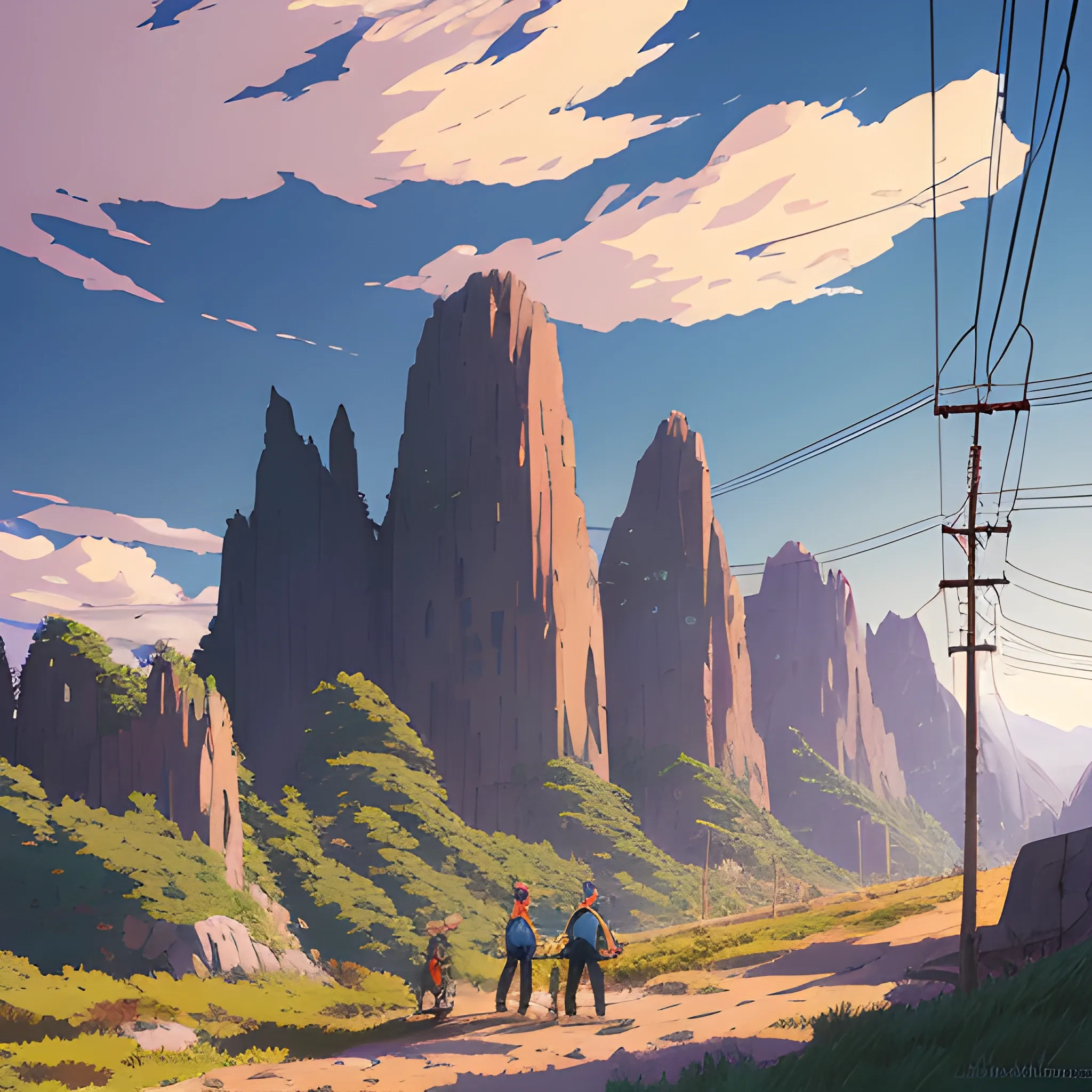 Law angle, landscape, mountain with brush, electric poles, with giants rocks... in the style of makoto shinkai and greg rutkowski and albert bierstadt and james gurney, Cartoon