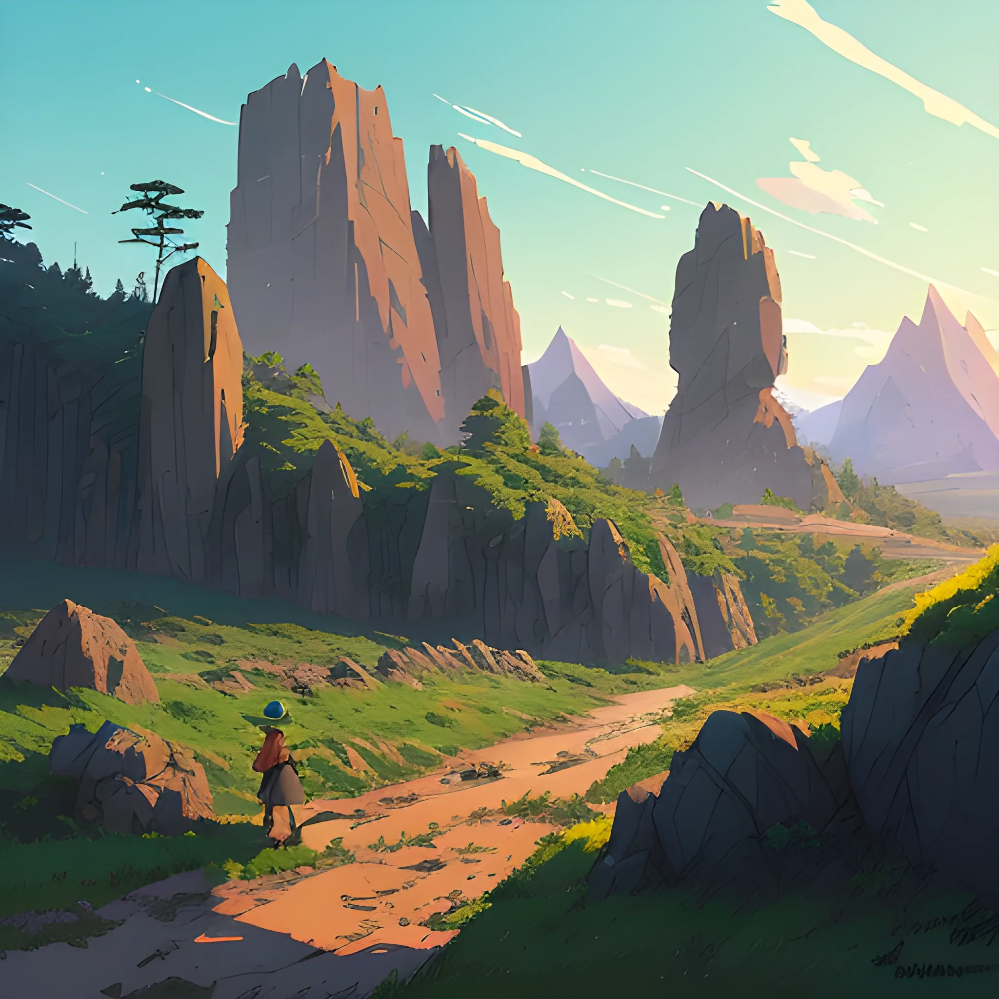 Law angle, landscape, mountain with brush, electric poles, with giants rocks... in the style of makoto shinkai and greg rutkowski and albert bierstadt and james gurney, Cartoon