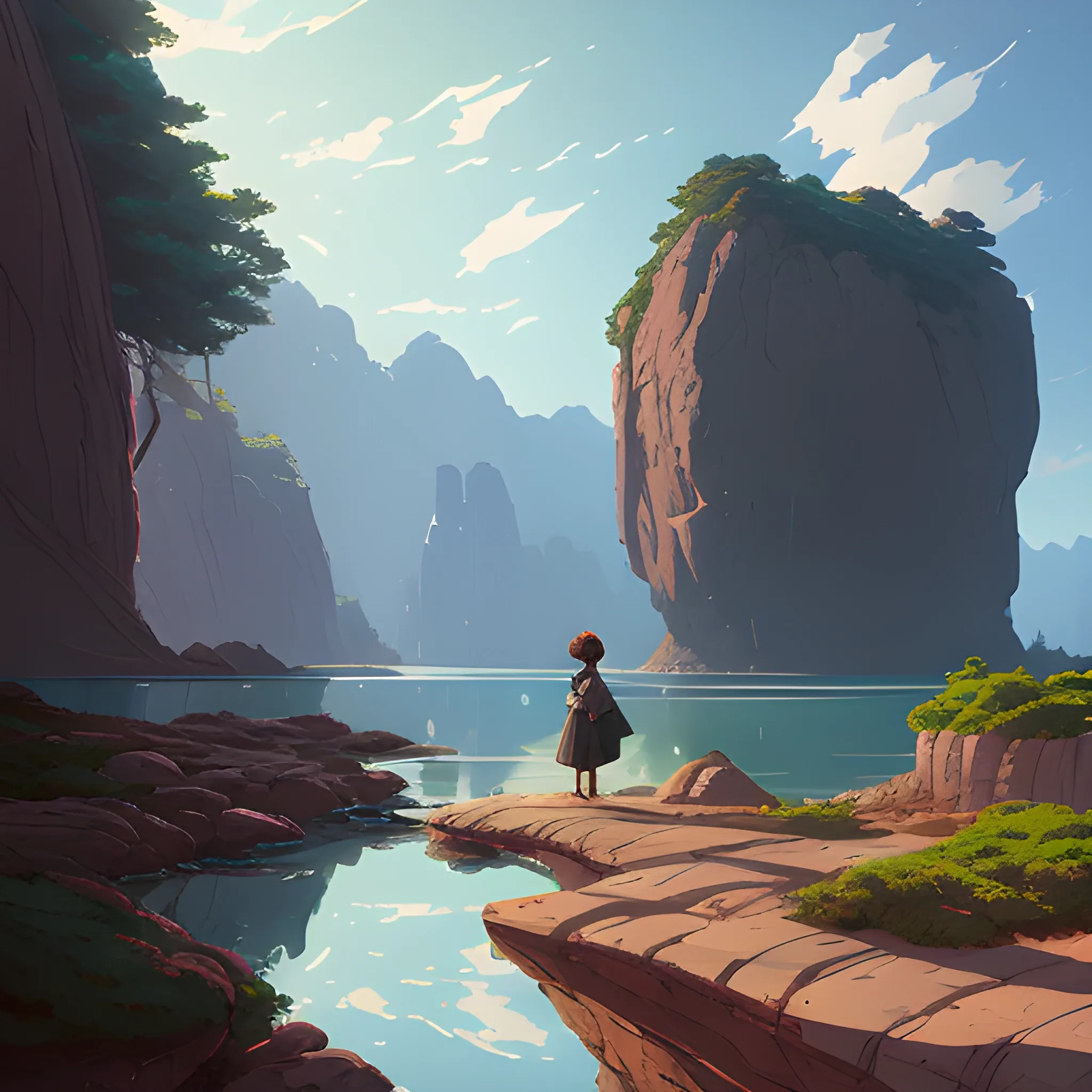 fooliage with rocks... in the style of makoto shinkai and greg rutkowski and albert bierstadt and james gurney, Cartoon