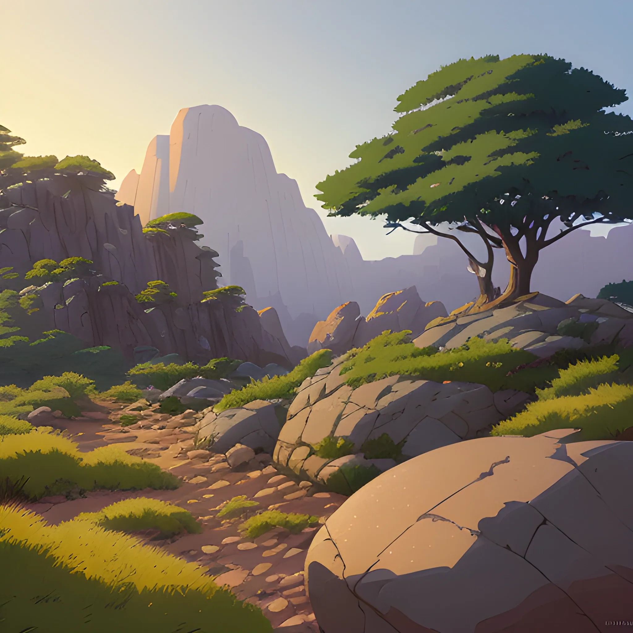 bush with rocks... in the style of makoto shinkai and greg rutkowski and albert bierstadt and james gurney, Cartoon